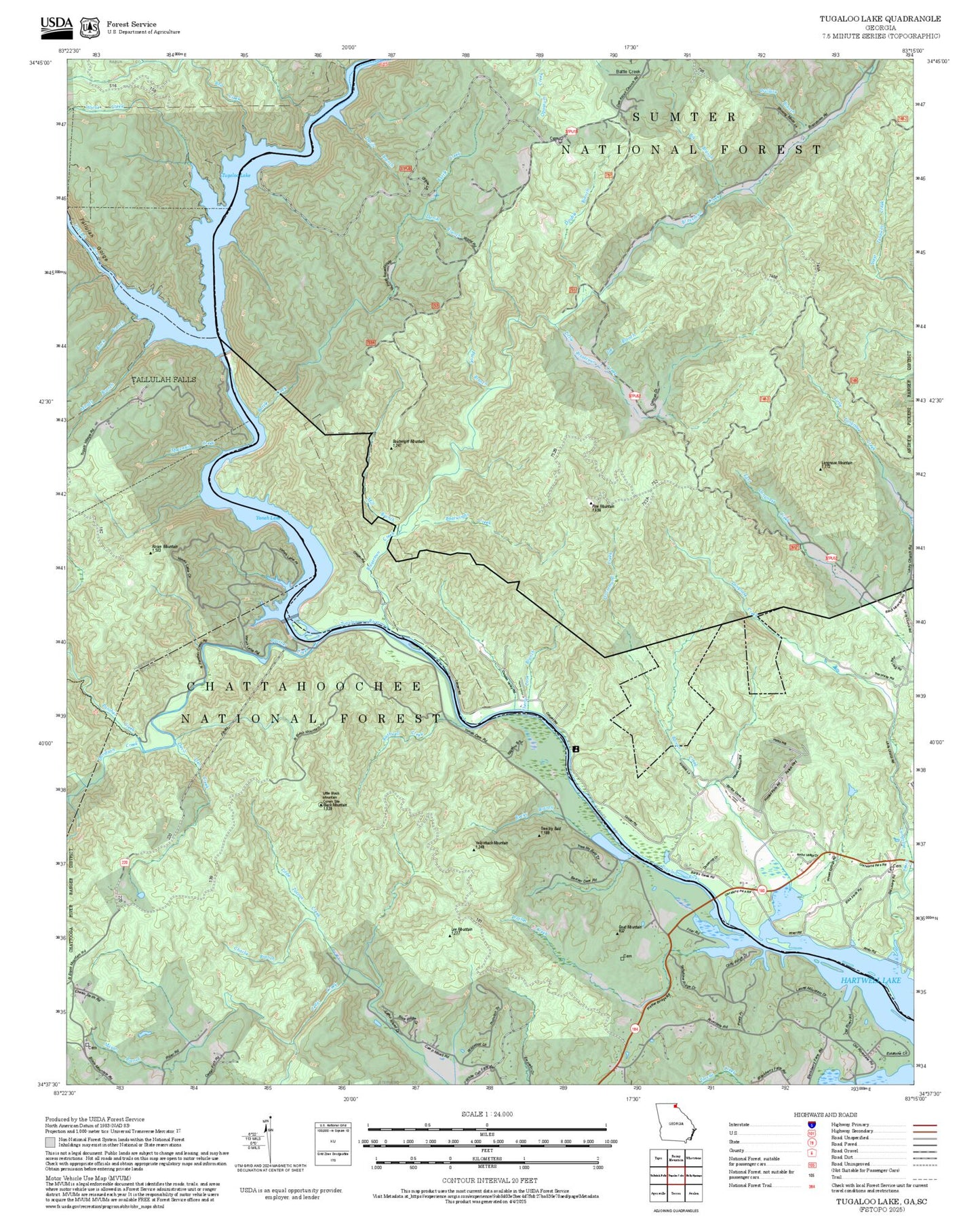 2025 Forest Service Topo Map of Tugaloo Lake Georgia