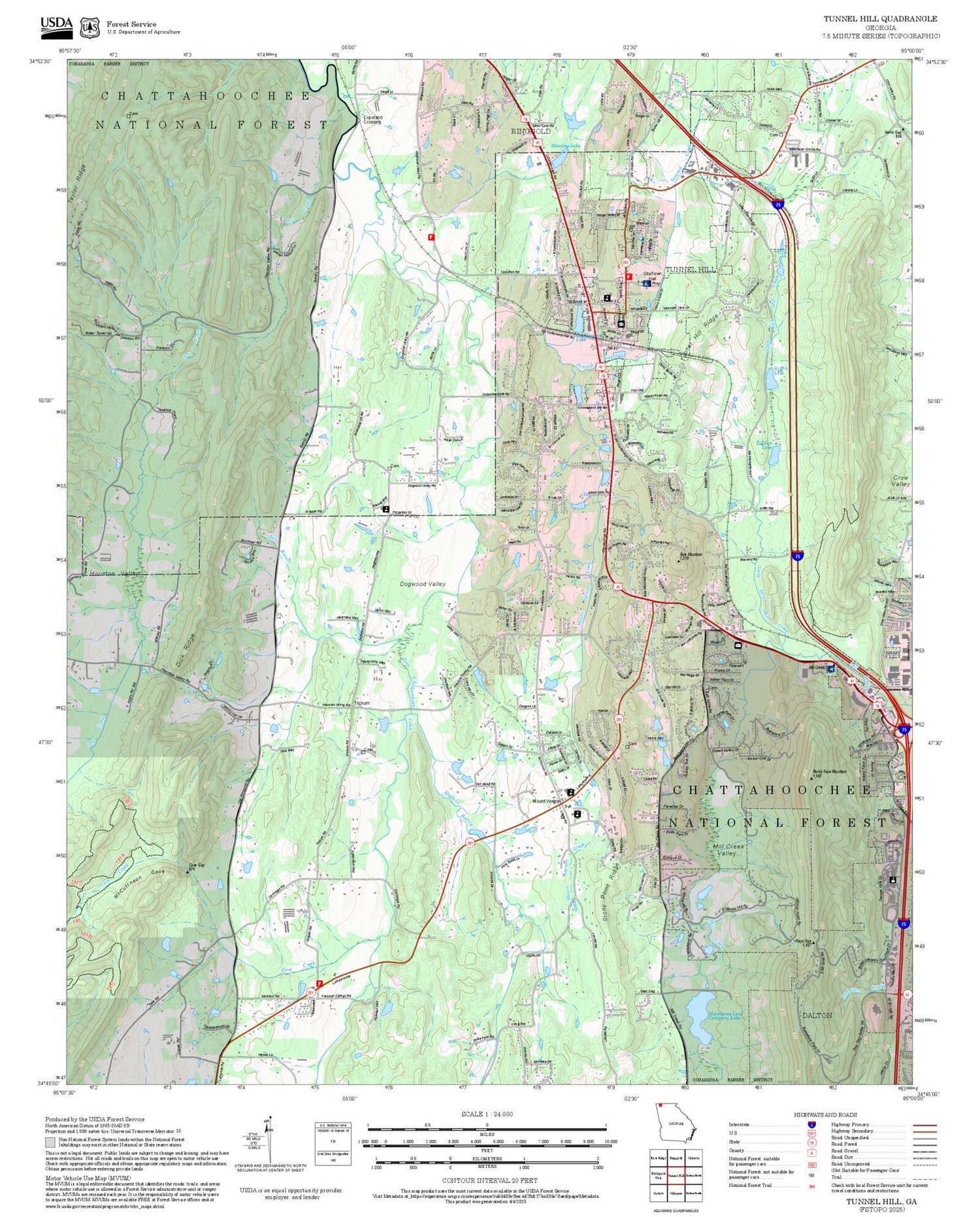 2025 Forest Service Topo Map of Tunnel Hill Georgia