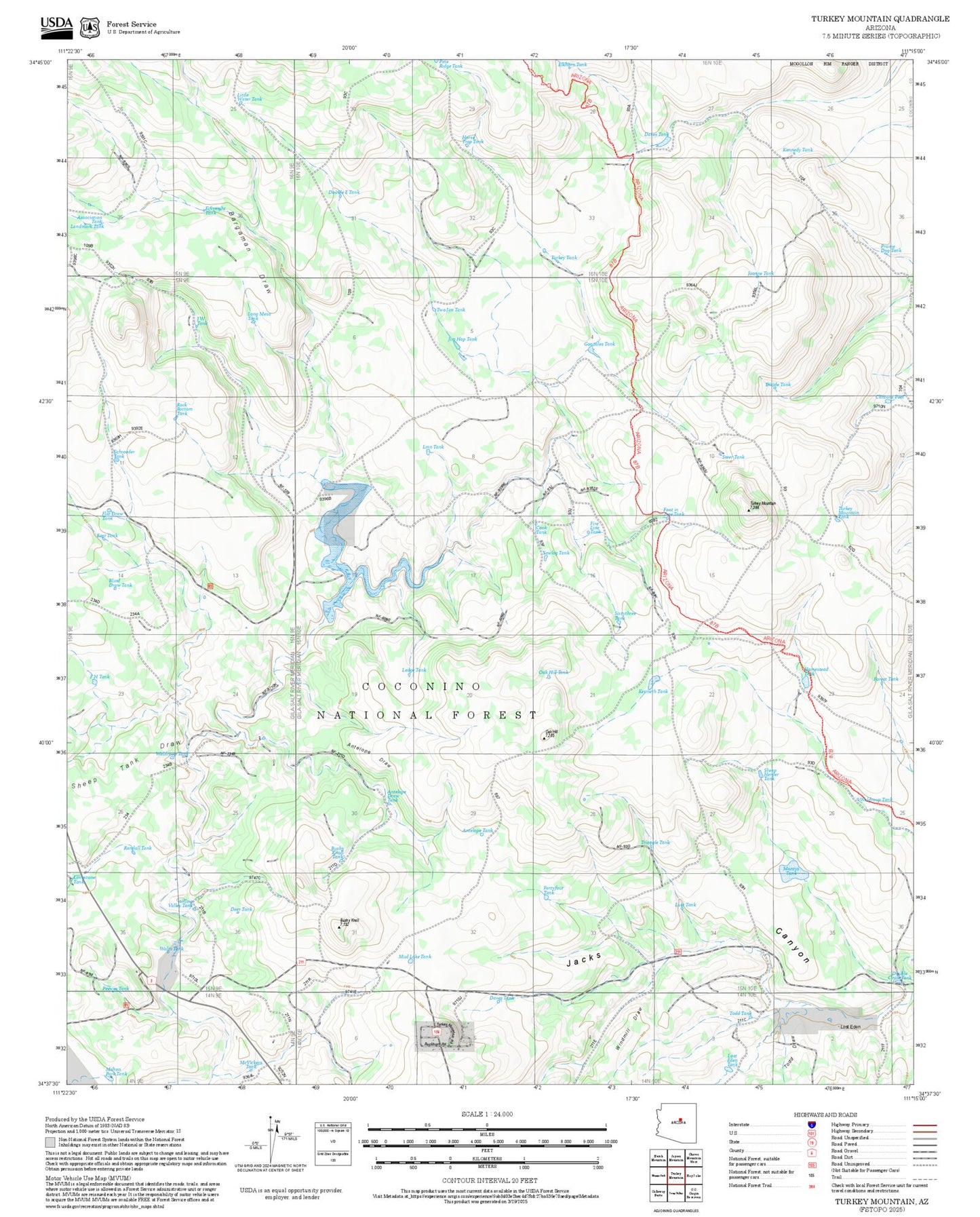 2025 Forest Service Topo Map of Turkey Mountain Arizona