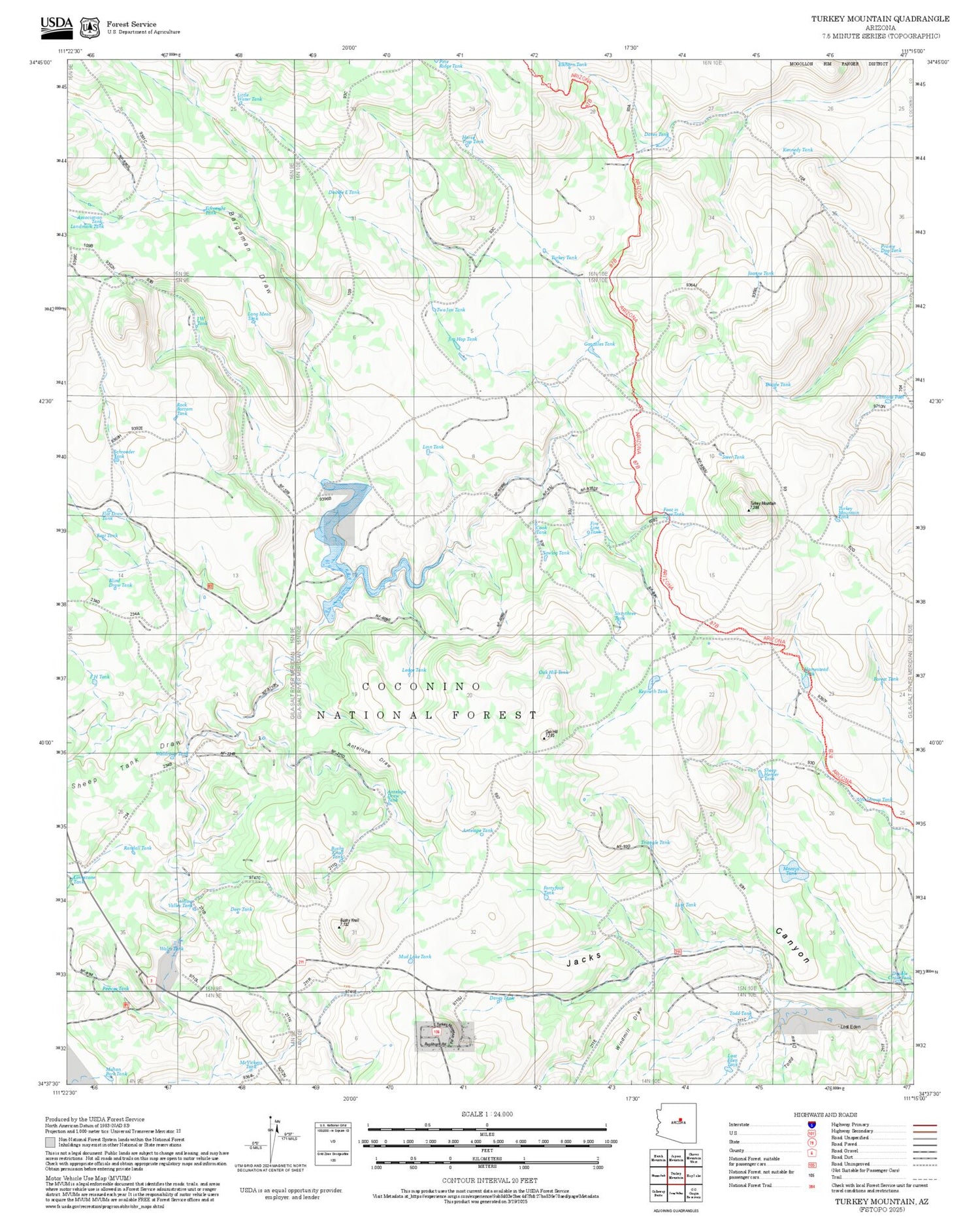 2025 Forest Service Topo Map of Turkey Mountain Arizona
