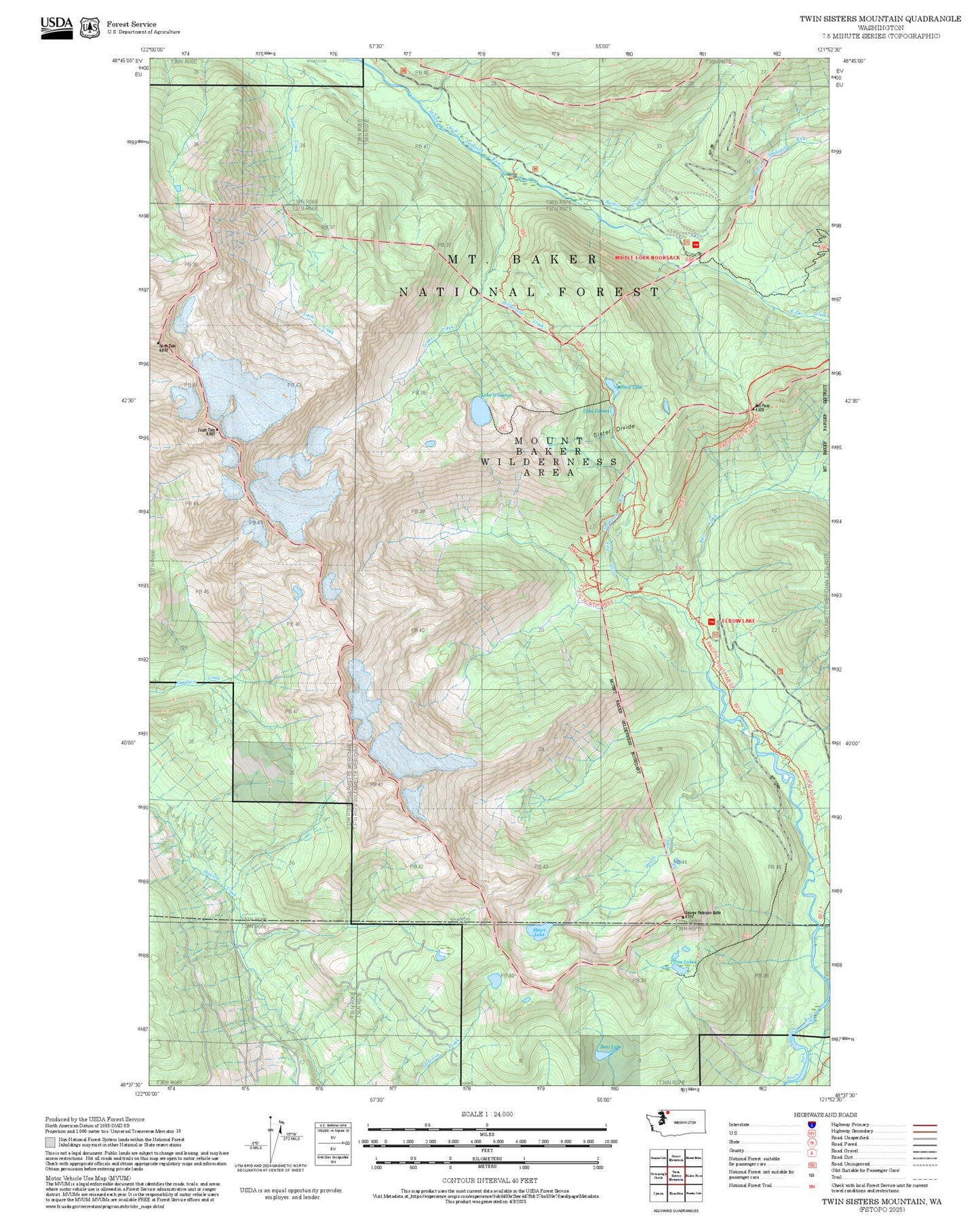 2025 Forest Service Topo Map of Twin Sisters Mountain Washington