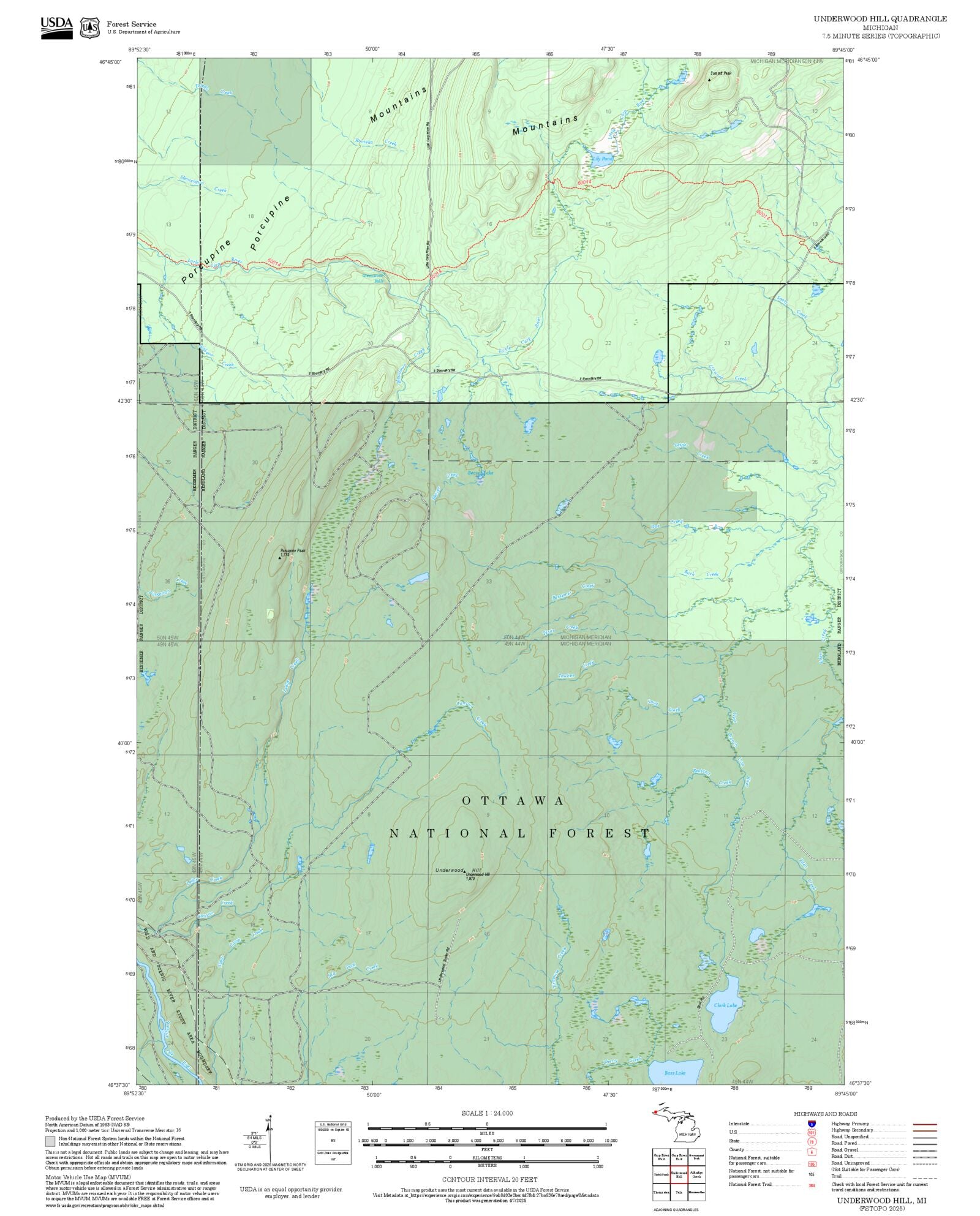 2025 Forest Service Topo Map of Underwood Hill Michigan – MyTopo Map Store