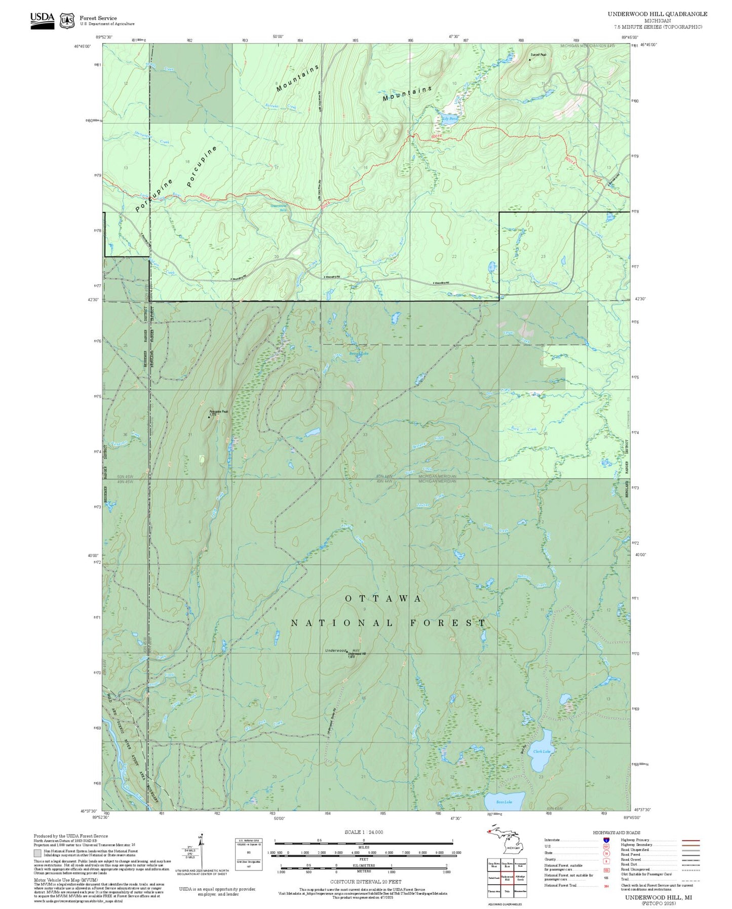 2025 Forest Service Topo Map of Underwood Hill Michigan
