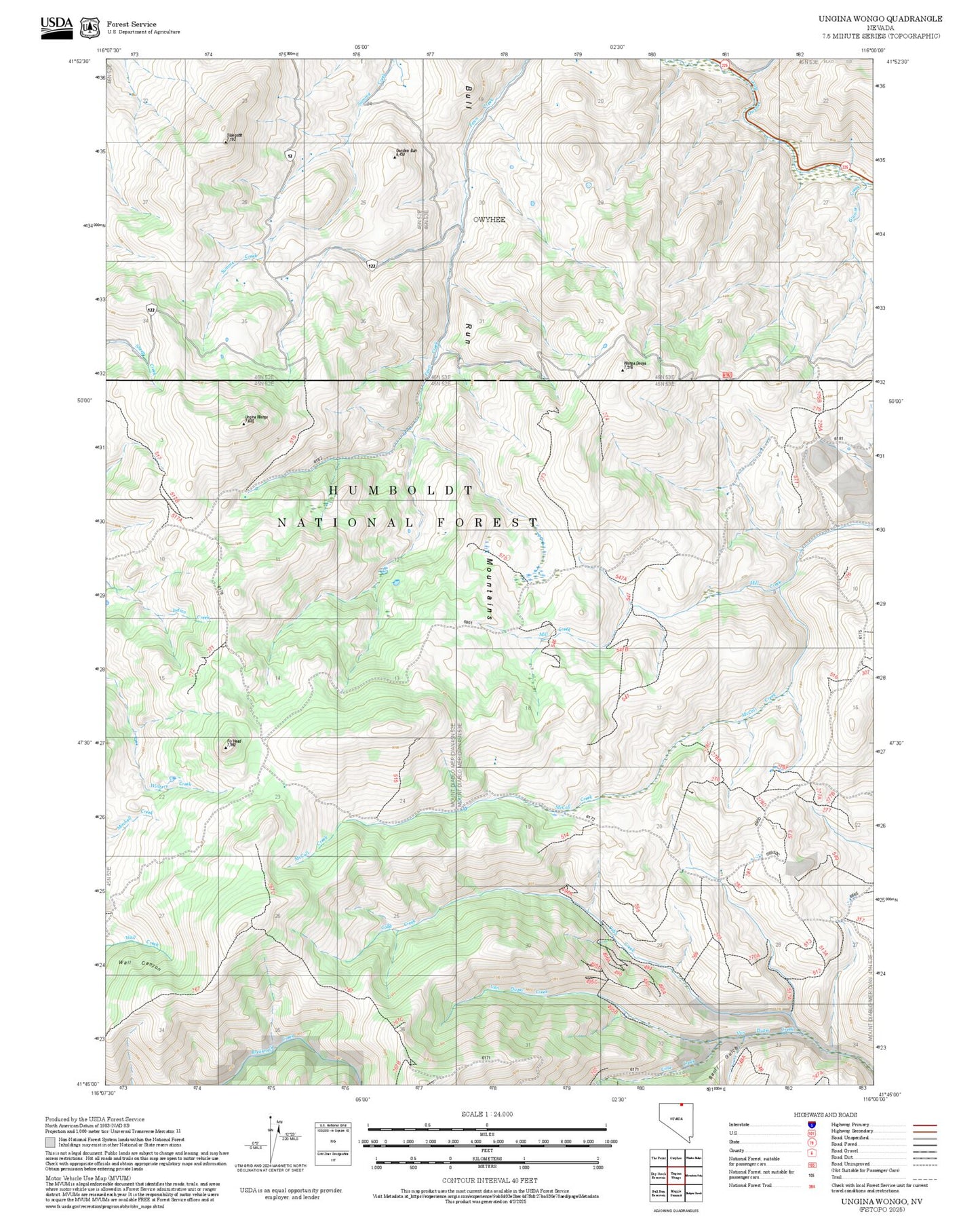 2025 Forest Service Topo Map of Ungina Wongo Nevada