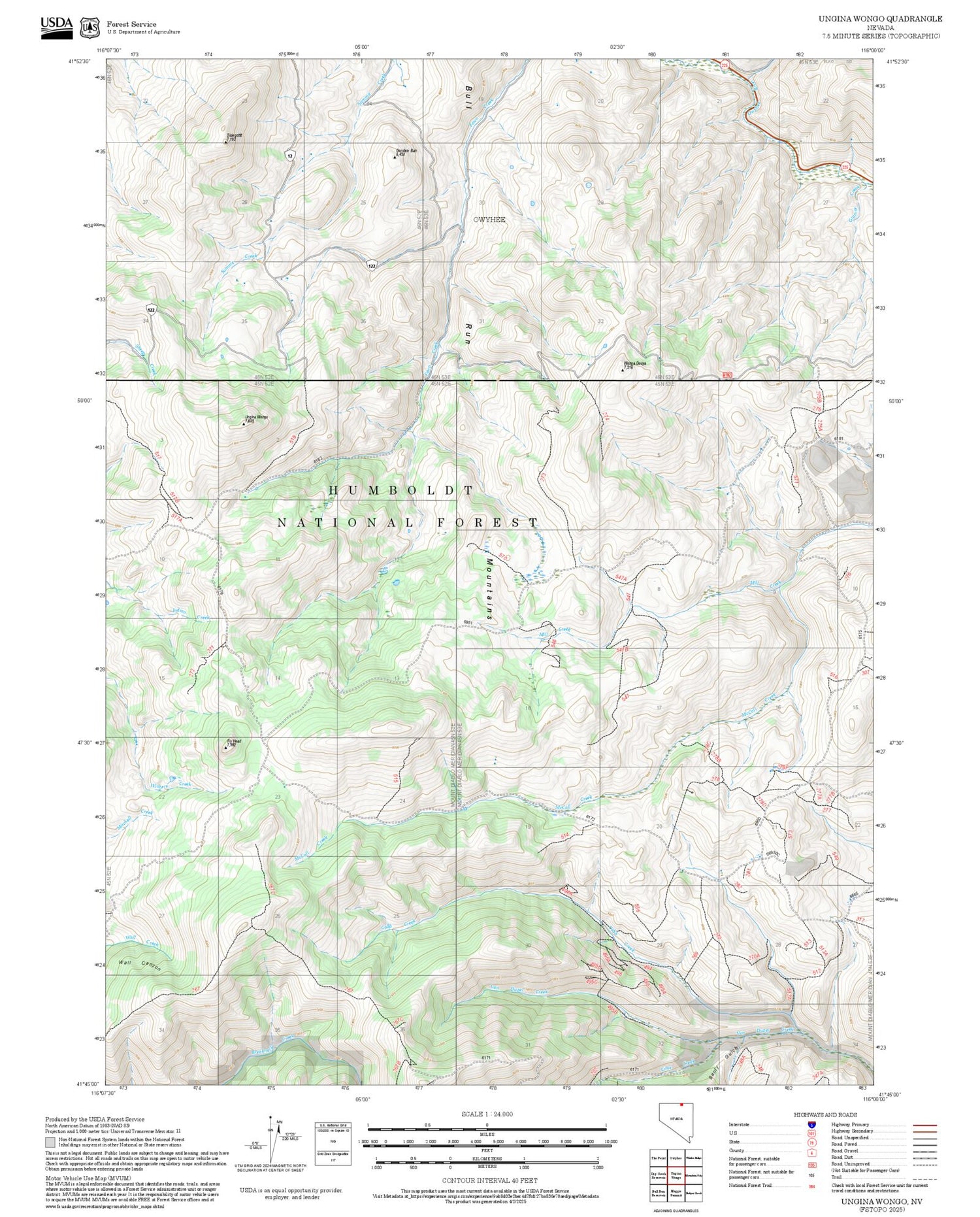 2025 Forest Service Topo Map of Ungina Wongo Nevada