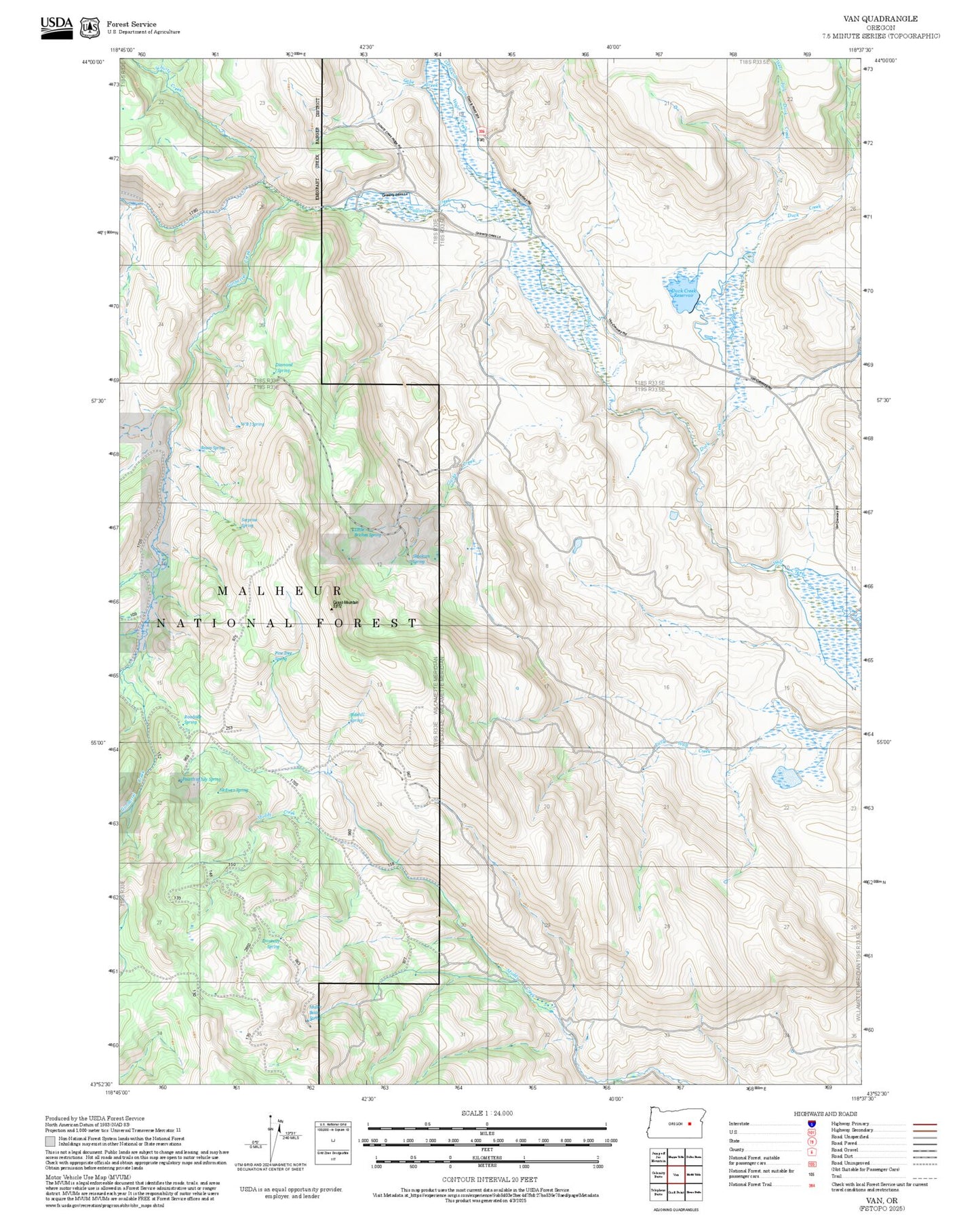2025 Forest Service Topo Map of Van Oregon
