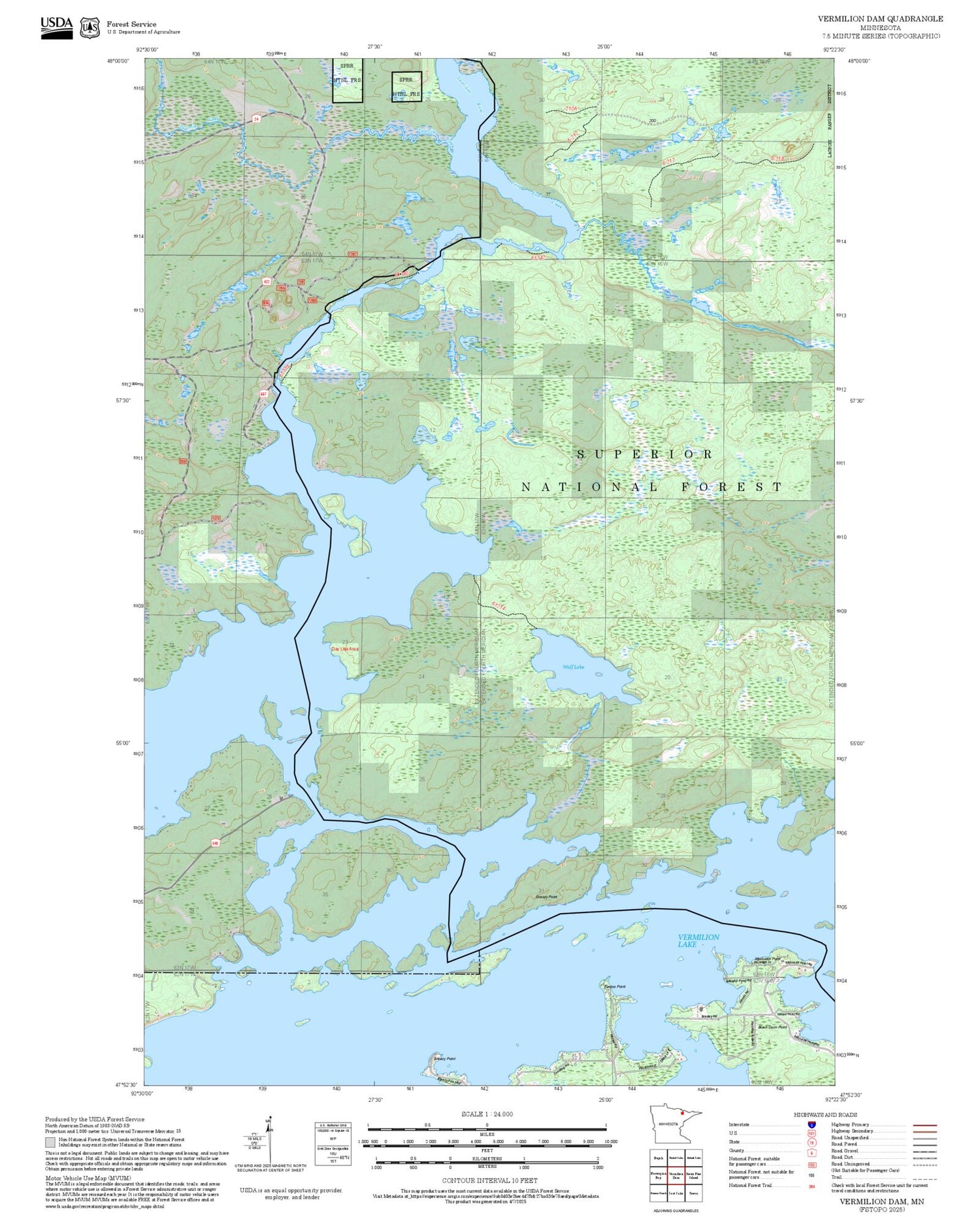 2025 Forest Service Topo Map of Vermilion Dam Minnesota