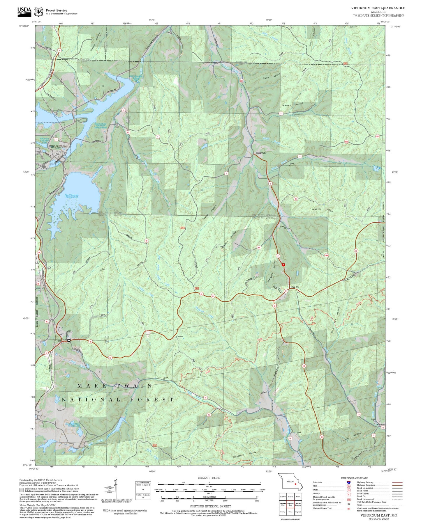 2025 Forest Service Topo Map of Viburnum East Missouri