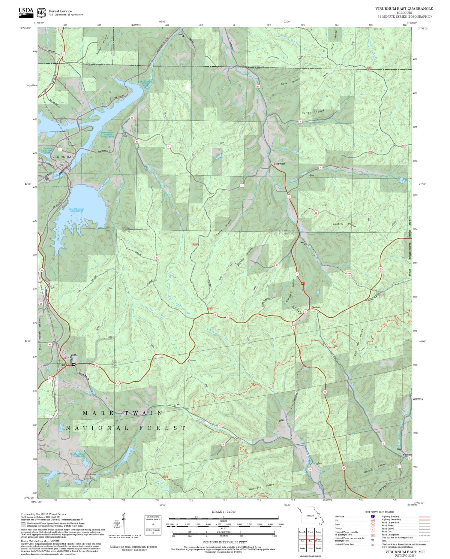 2025 Forest Service Topo Map of Viburnum East Missouri