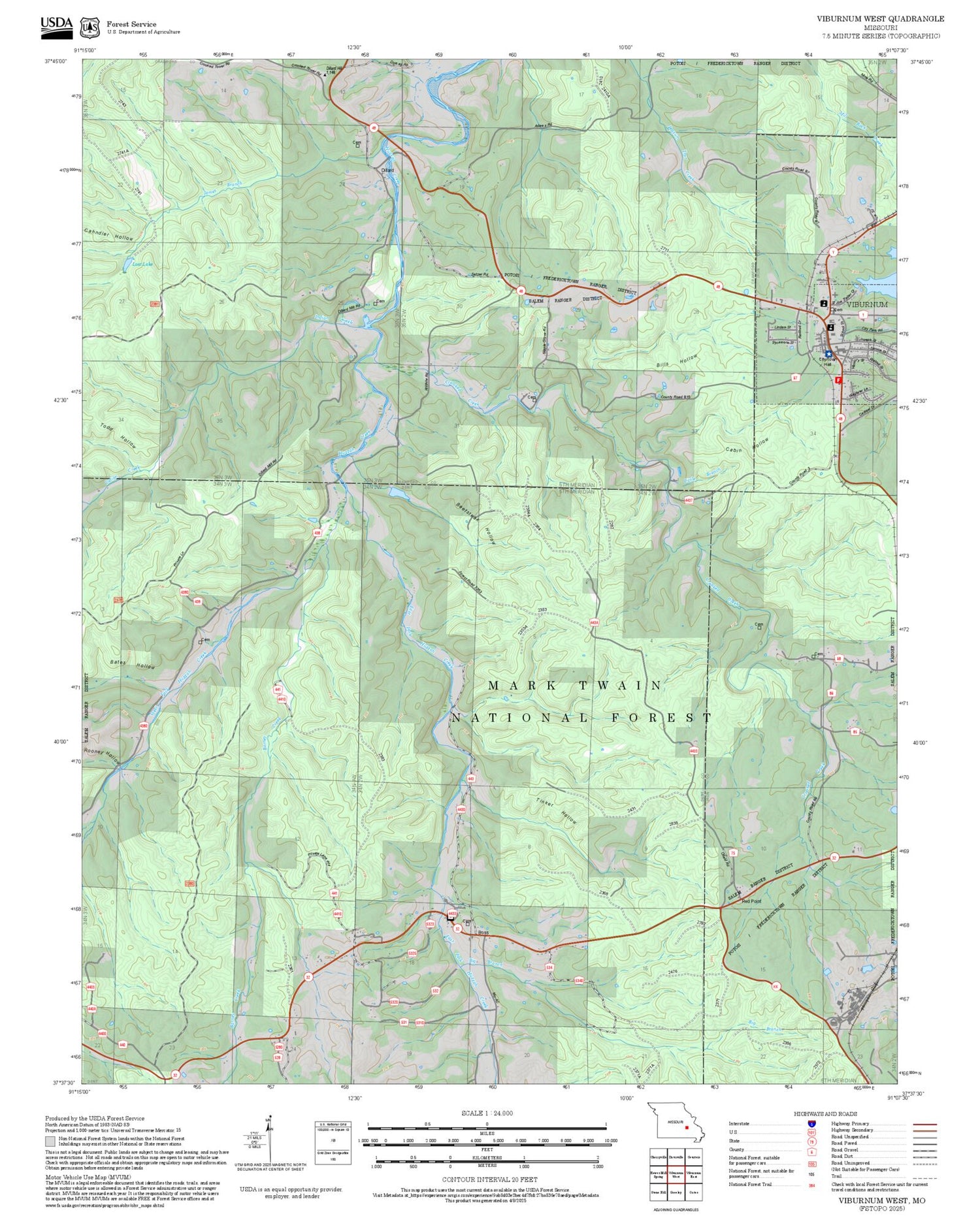 2025 Forest Service Topo Map of Viburnum West Missouri