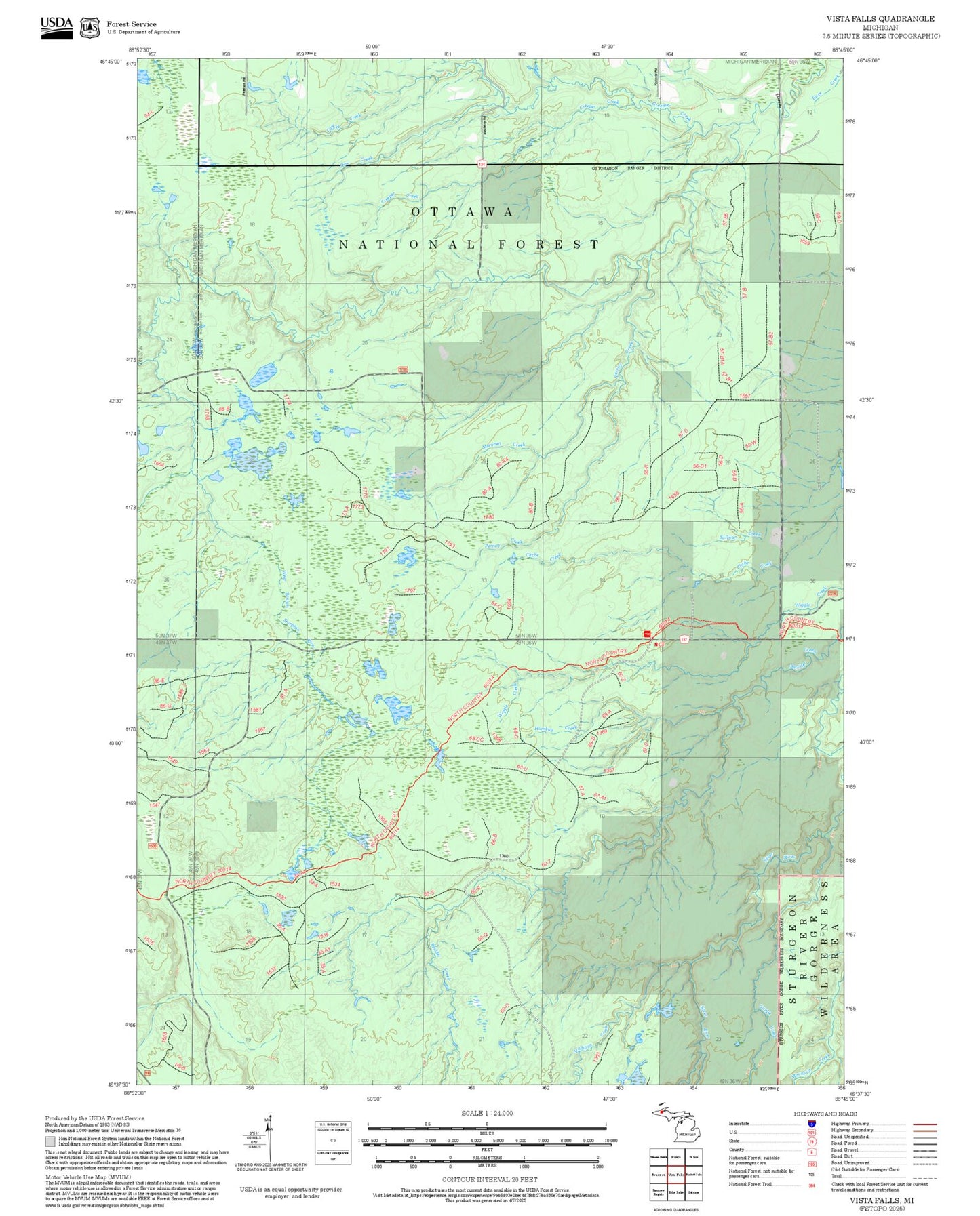 2025 Forest Service Topo Map of Vista Falls Michigan