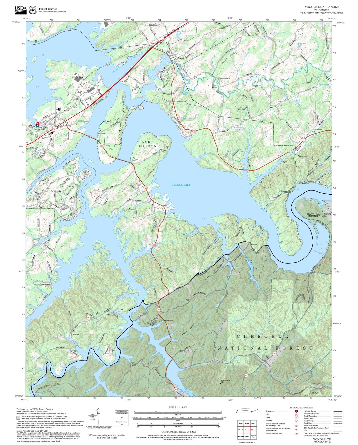 2025 Forest Service Topo Map of Vonore Tennessee