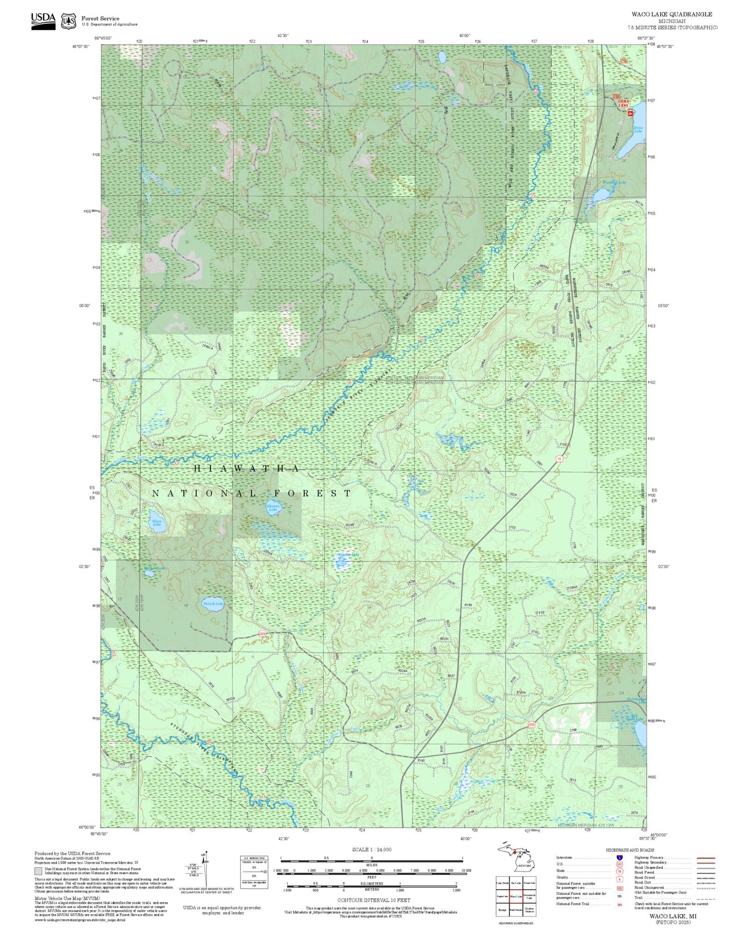 2025 Forest Service Topo Map of Waco Lake Michigan
