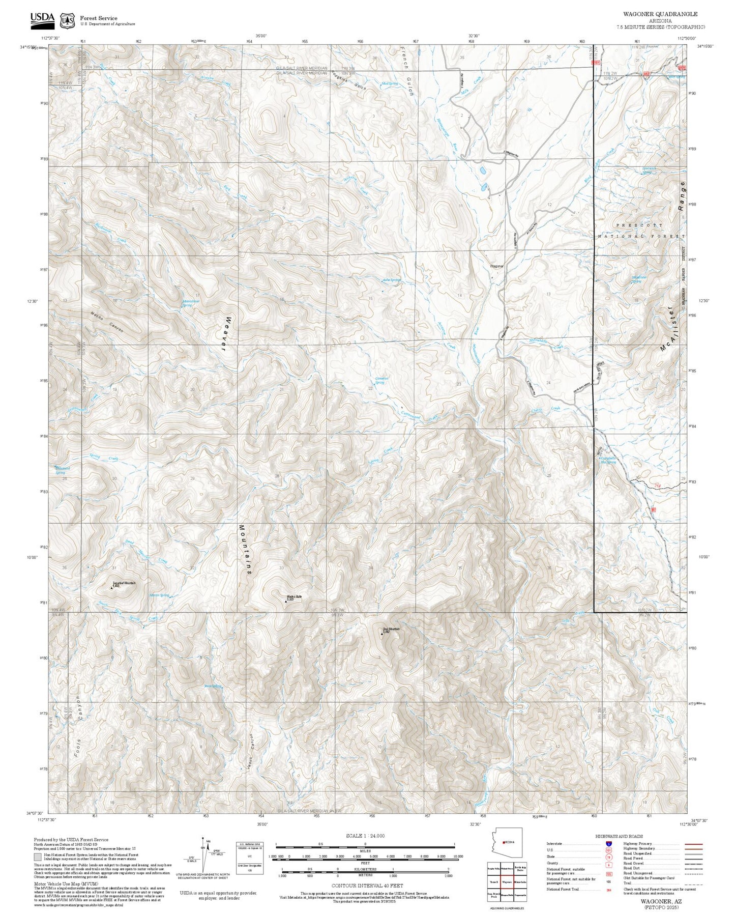 2025 Forest Service Topo Map of Wagoner Arizona