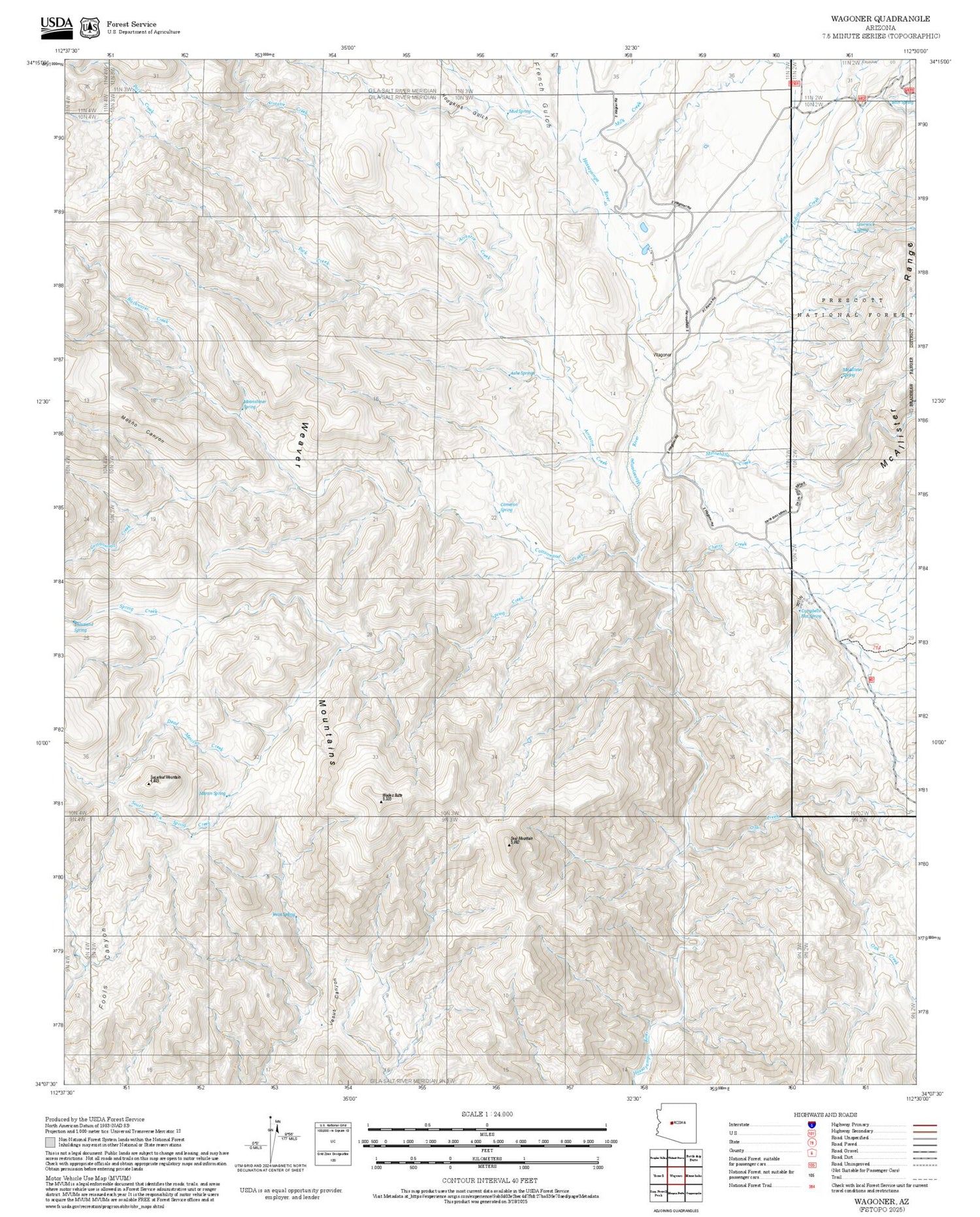 2025 Forest Service Topo Map of Wagoner Arizona