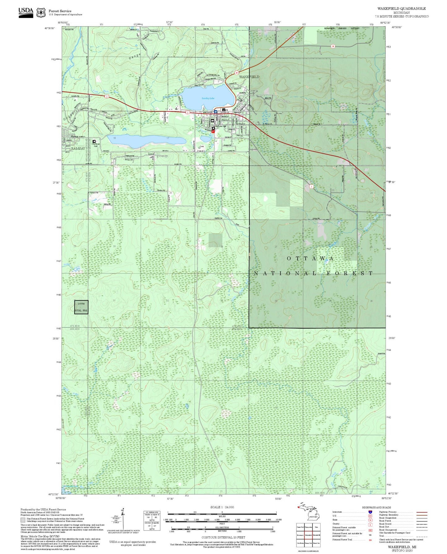 2025 Forest Service Topo Map of Wakefield Michigan