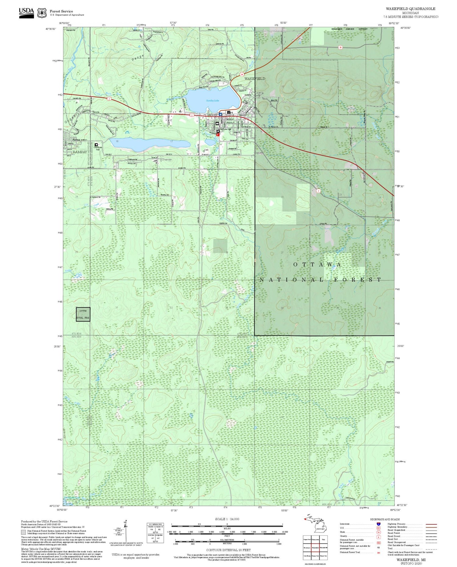 2025 Forest Service Topo Map of Wakefield Michigan