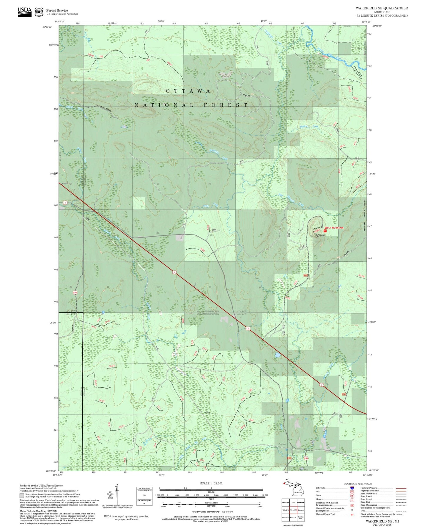 2025 Forest Service Topo Map of Wakefield NE Michigan