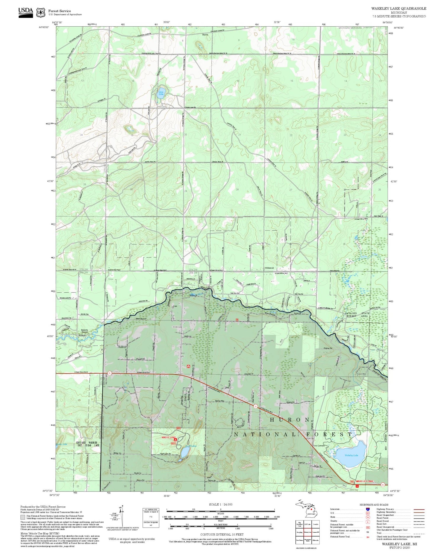 2025 Forest Service Topo Map of Wakeley Lake Michigan