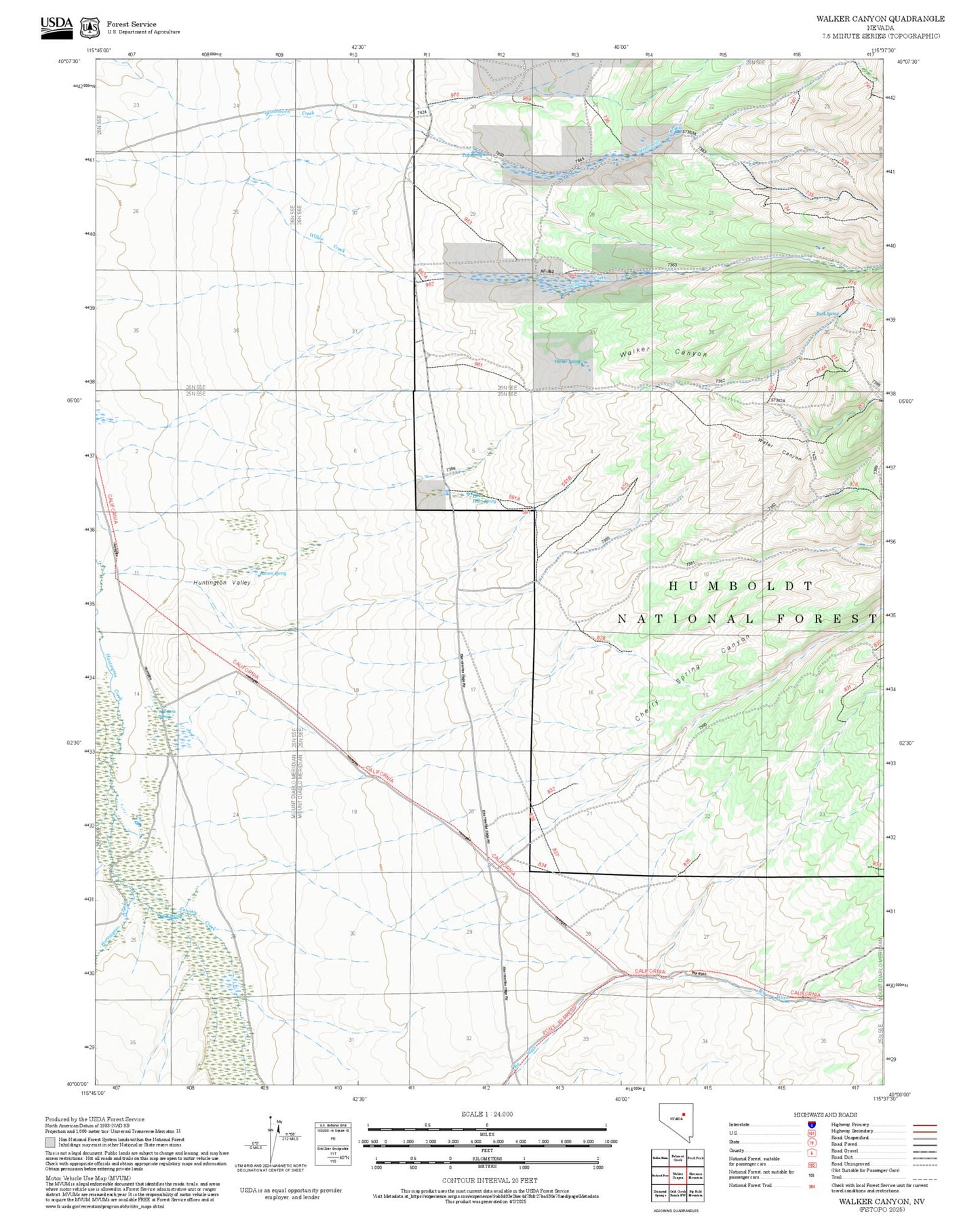 2025 Forest Service Topo Map of Walker Canyon Nevada