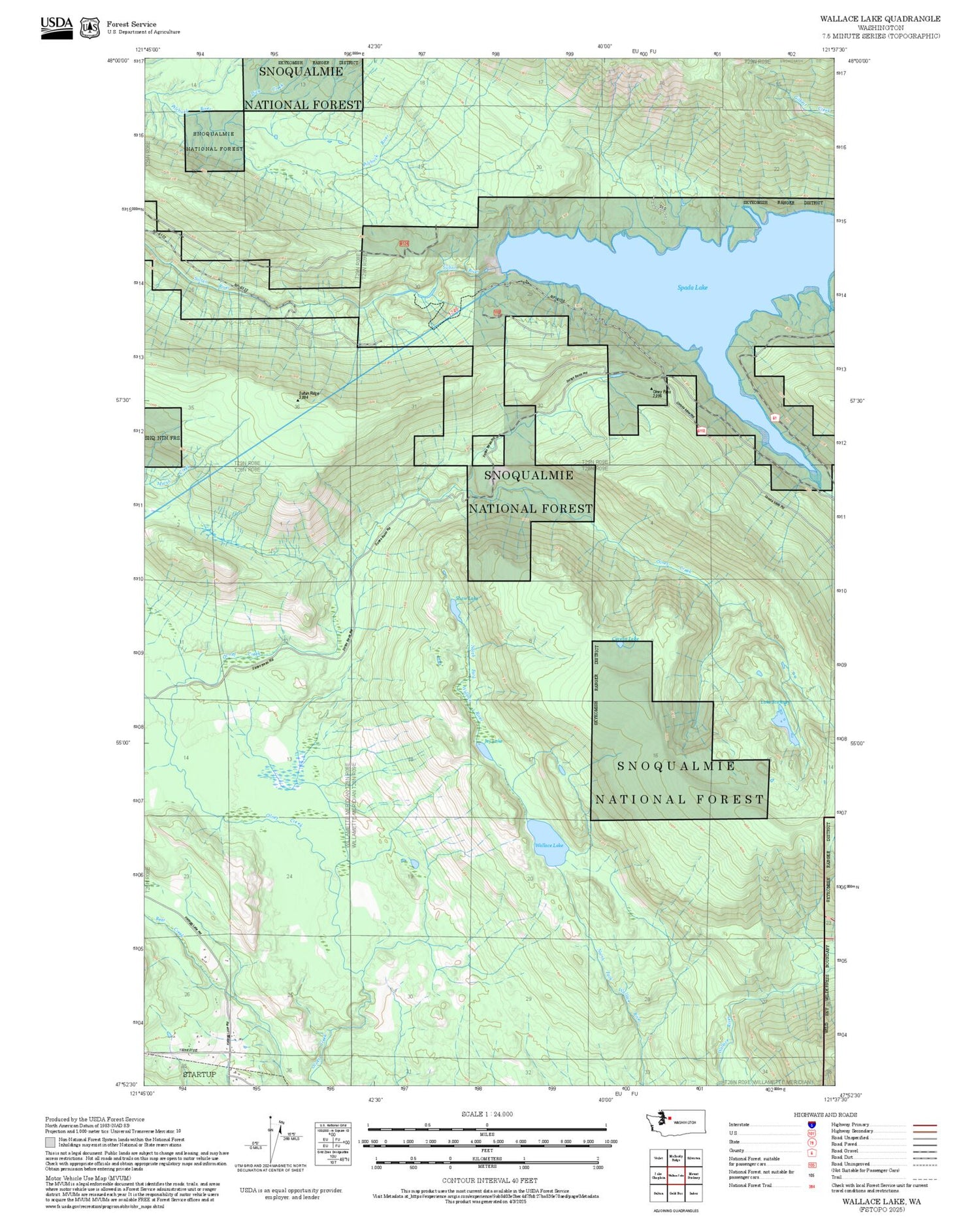 2025 Forest Service Topo Map of Wallace Lake Washington