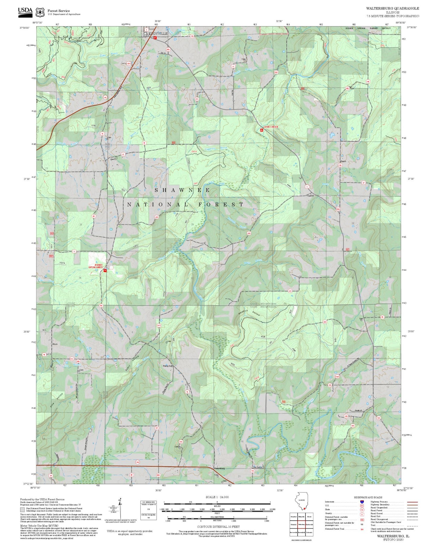 2025 Forest Service Topo Map of Waltersburg Illinois