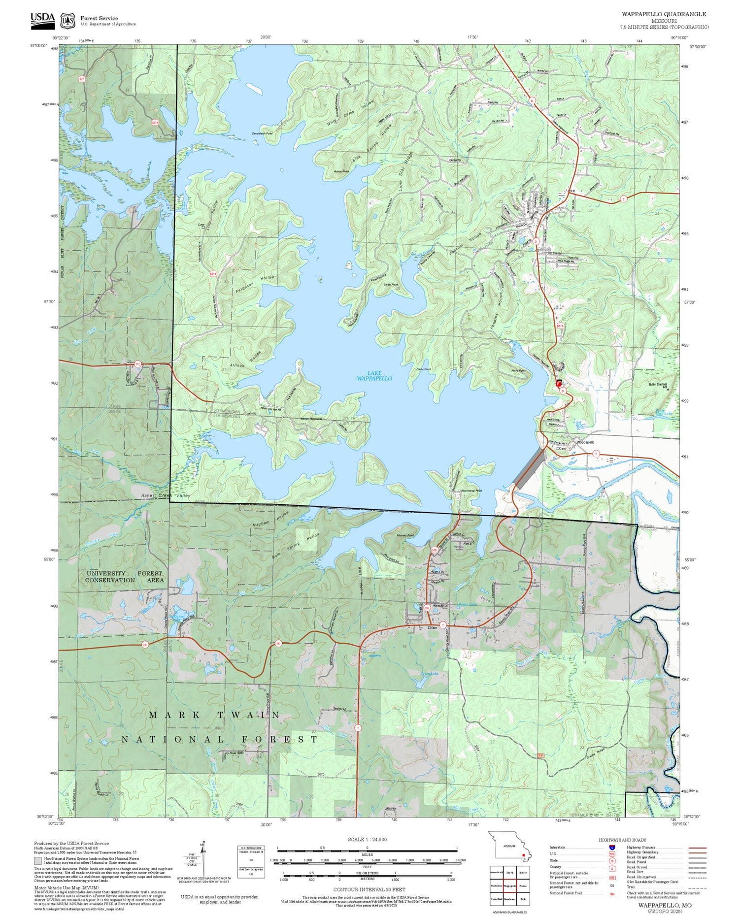 2025 Forest Service Topo Map of Wappapello Missouri