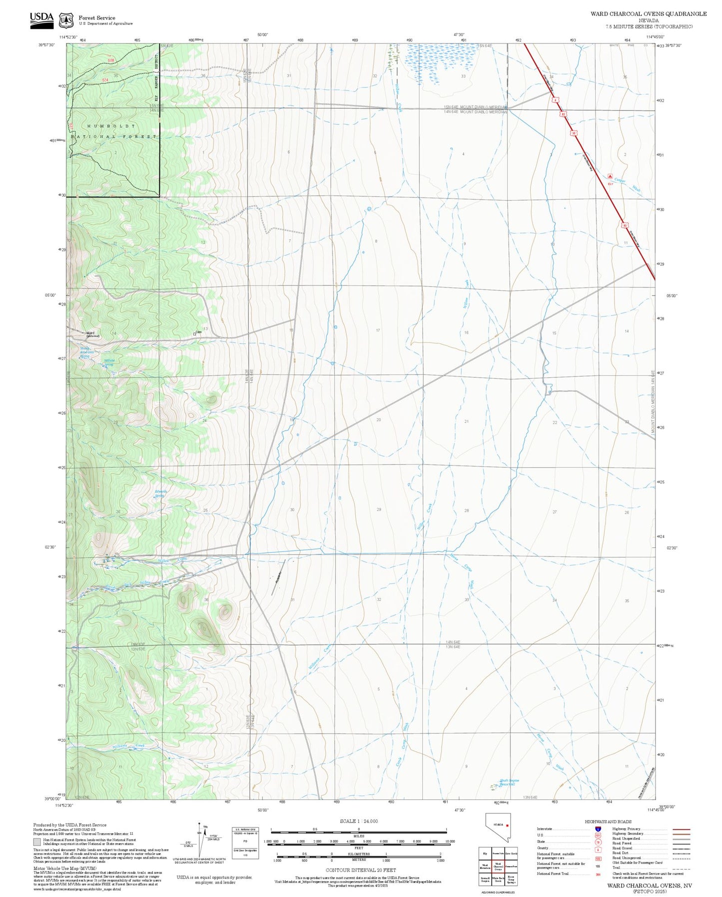 2025 Forest Service Topo Map of Ward Charcoal Ovens Nevada