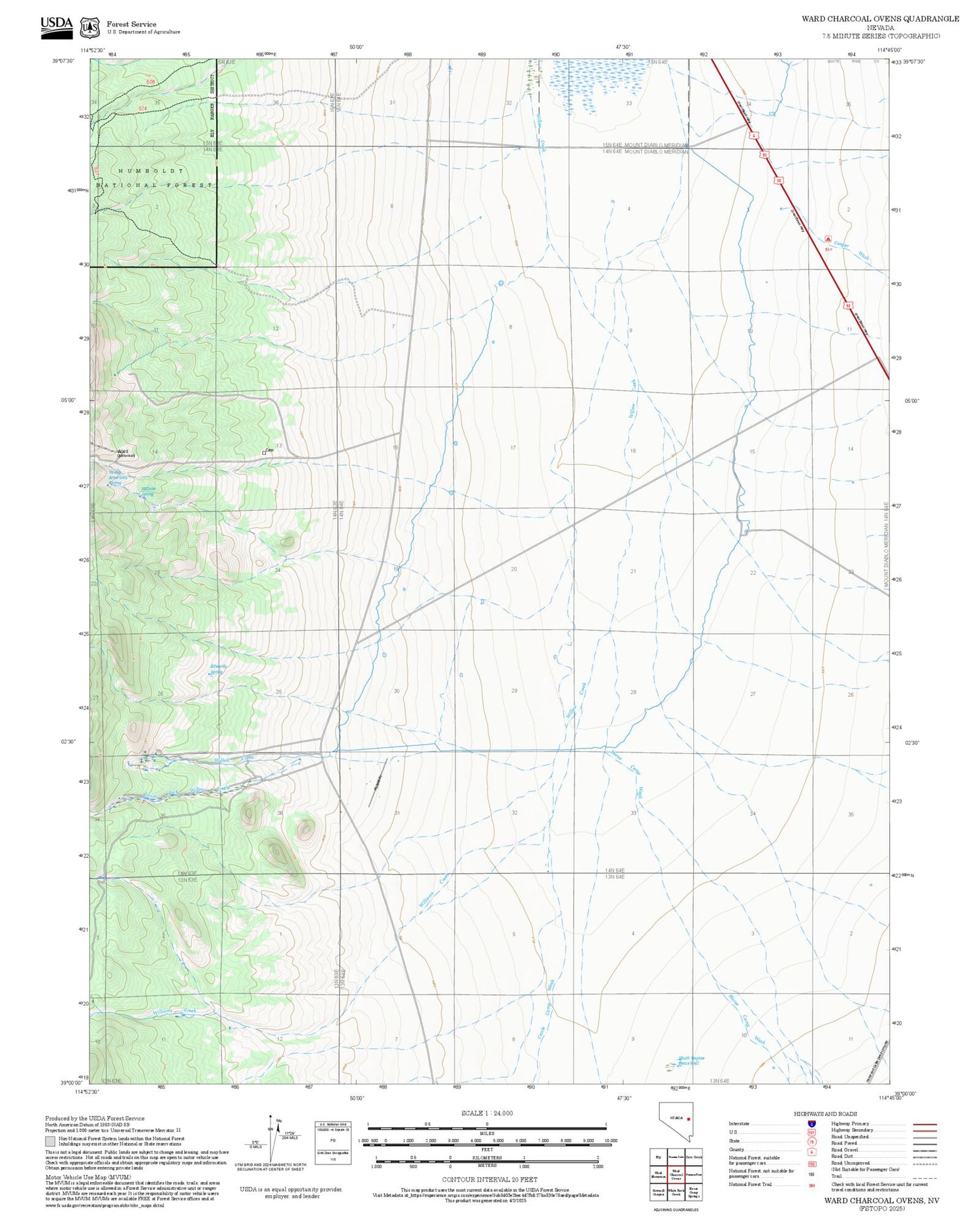2025 Forest Service Topo Map of Ward Charcoal Ovens Nevada