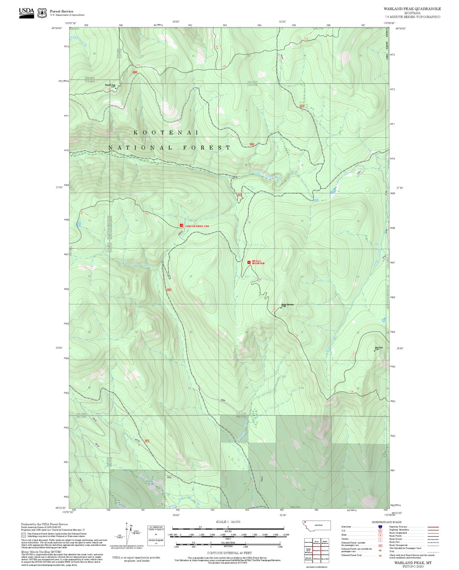 2025 Forest Service Topo Map of Warland Peak Montana