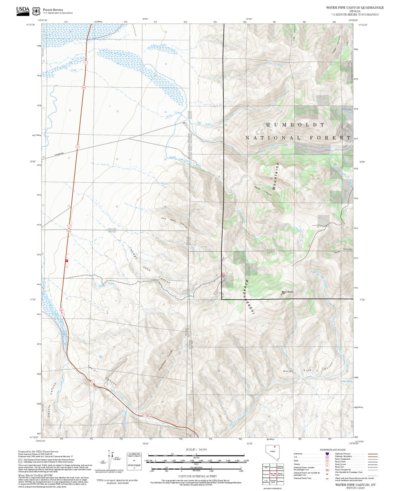 2025 Forest Service Topo Map of Water Pipe Canyon Nevada