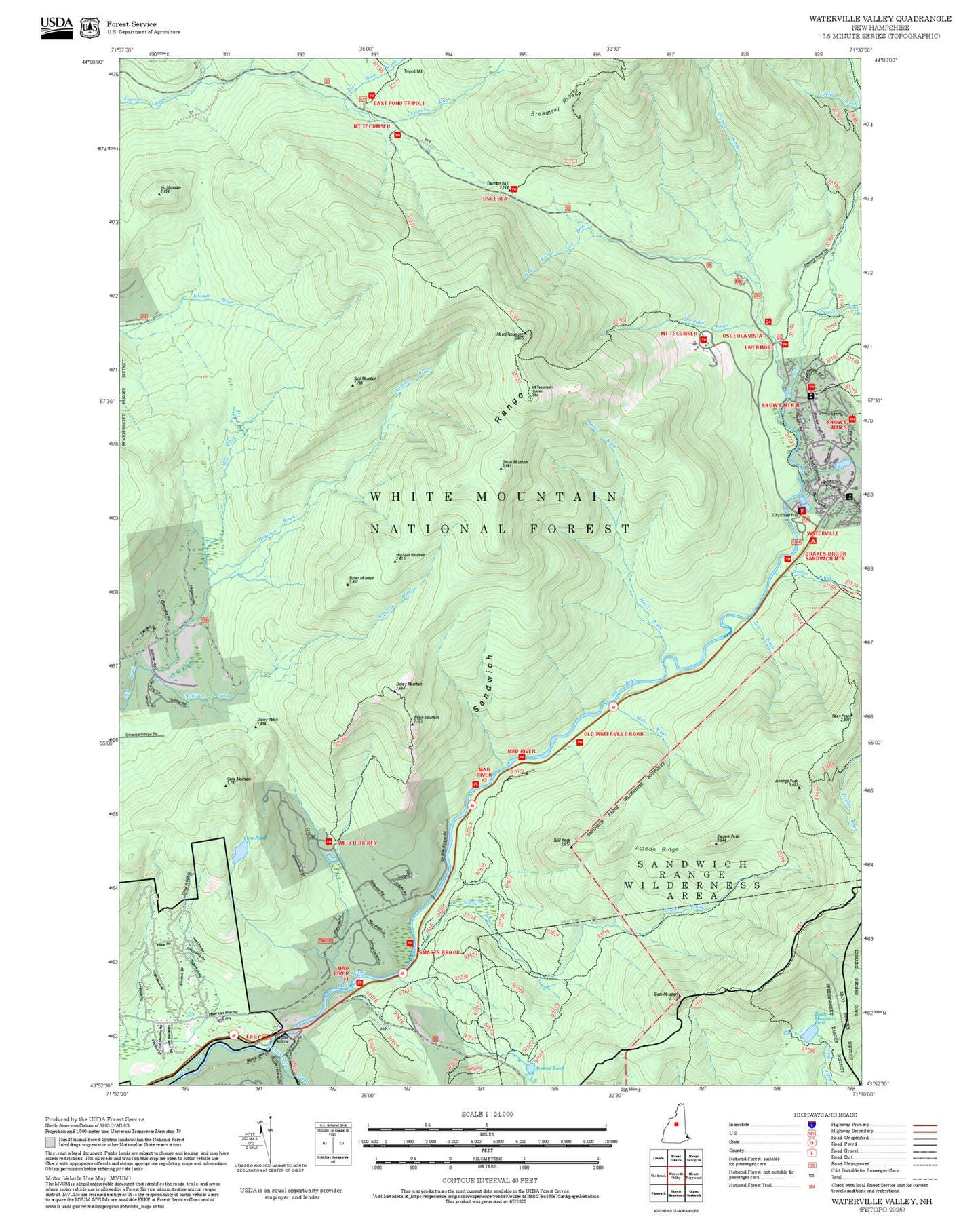 2025 Forest Service Topo Map of Waterville Valley New Hampshire