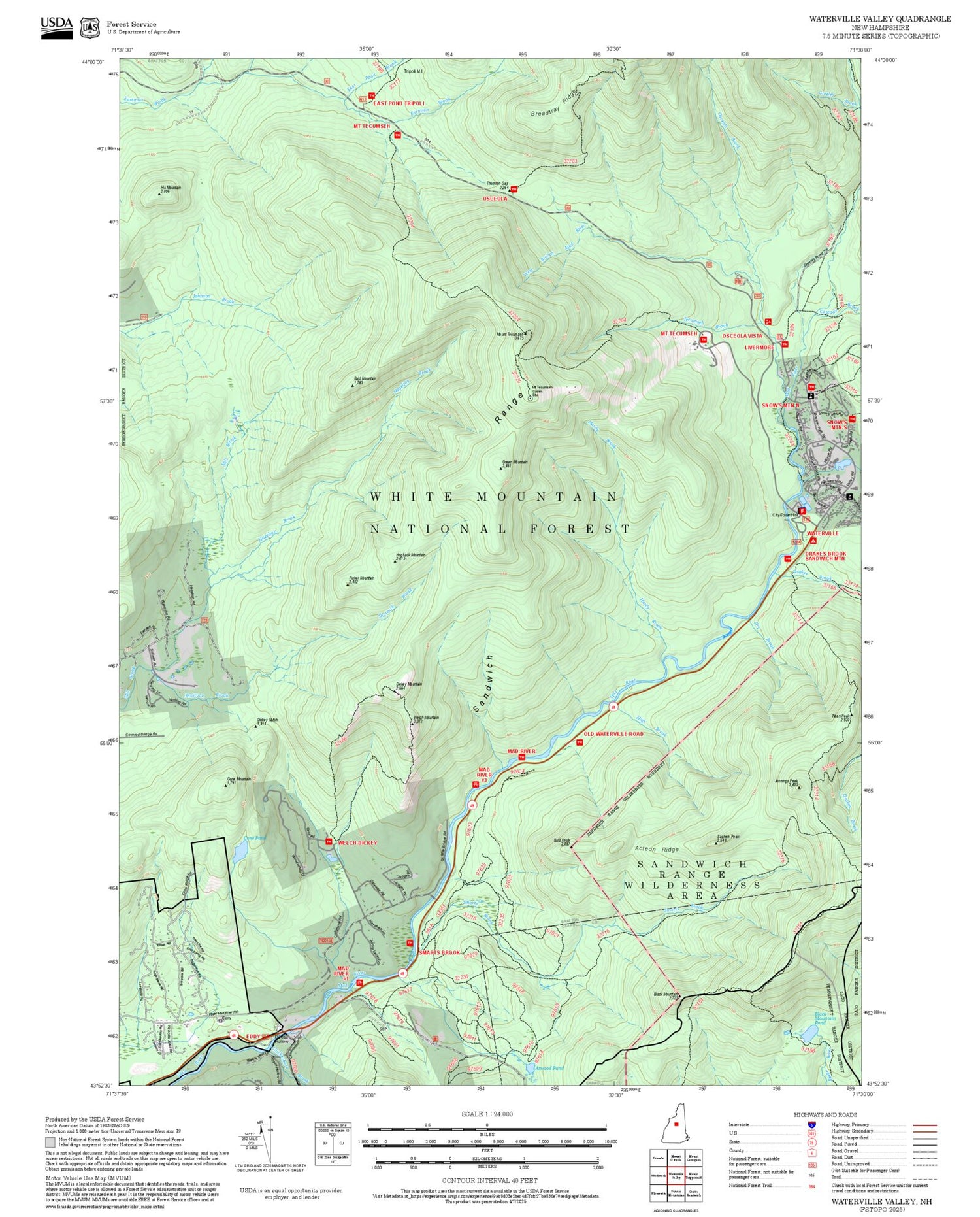2025 Forest Service Topo Map of Waterville Valley New Hampshire