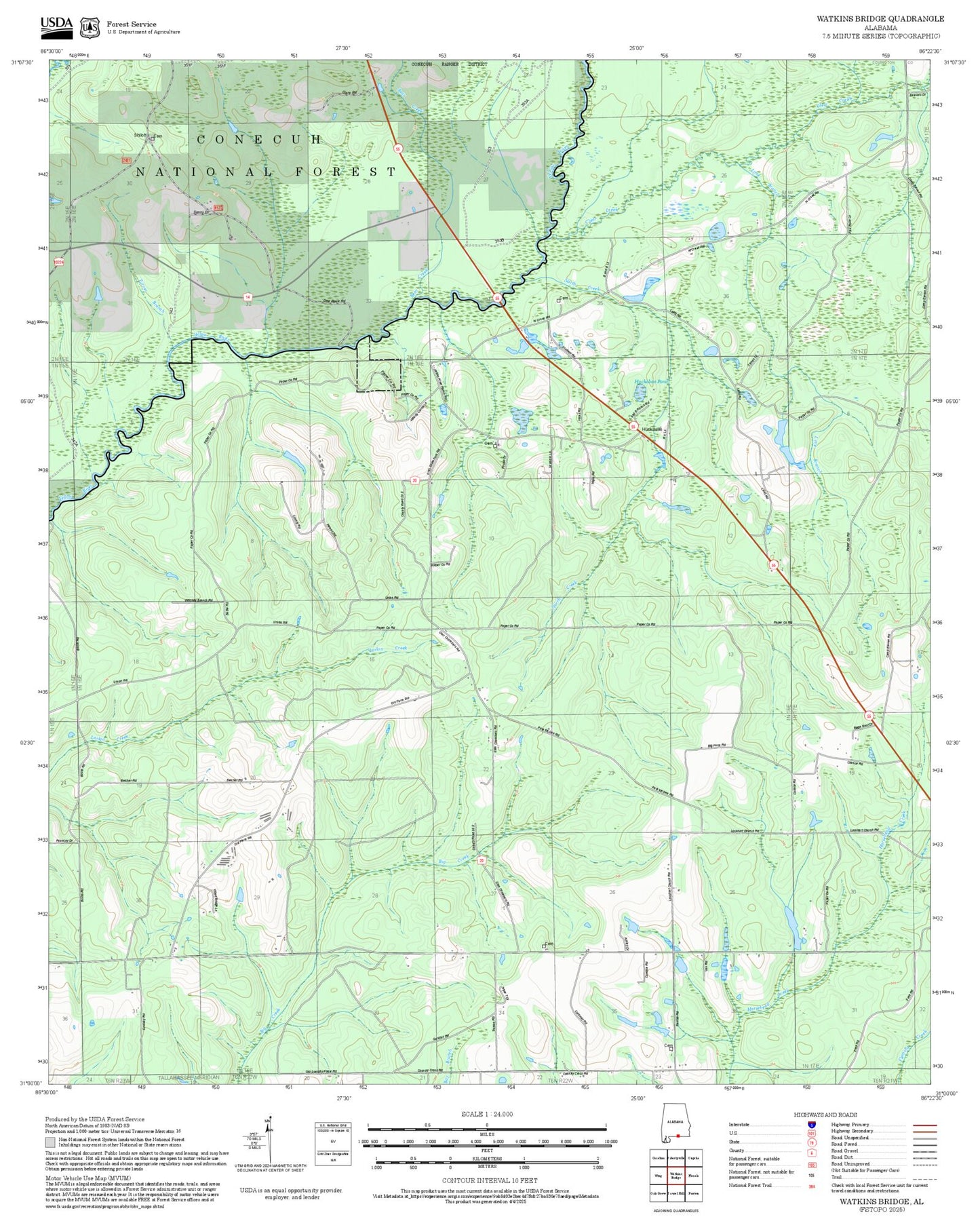 2025 Forest Service Topo Map of Watkins Bridge Alabama