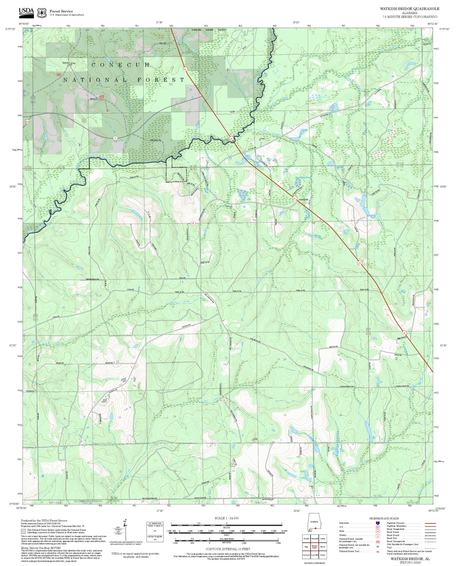 2025 Forest Service Topo Map of Watkins Bridge Alabama