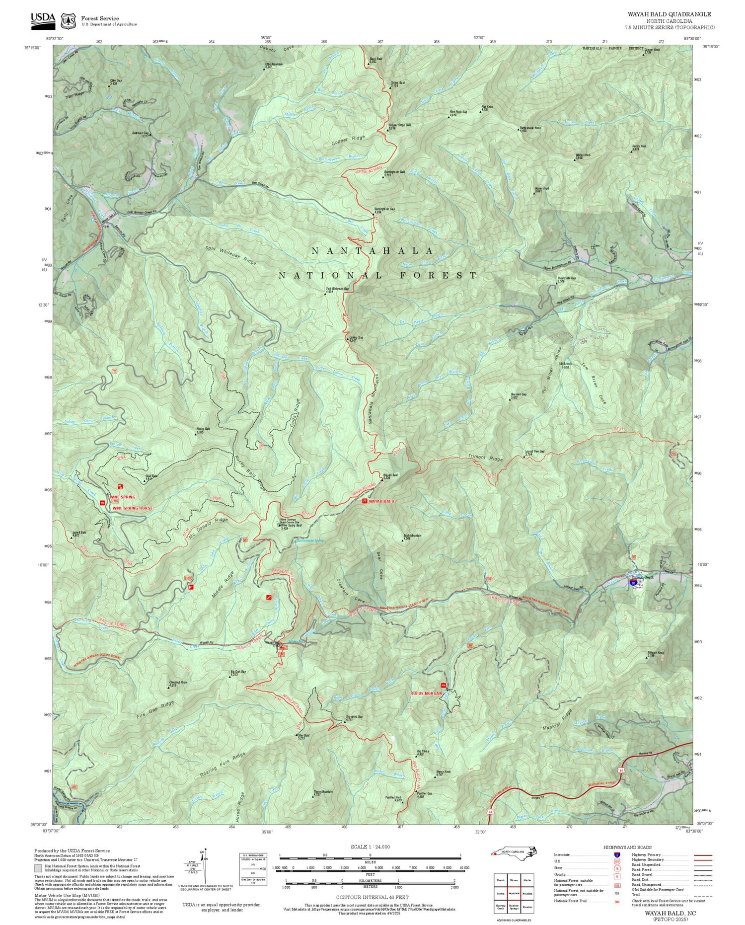 2025 Forest Service Topo Map of Wayah Bald North Carolina