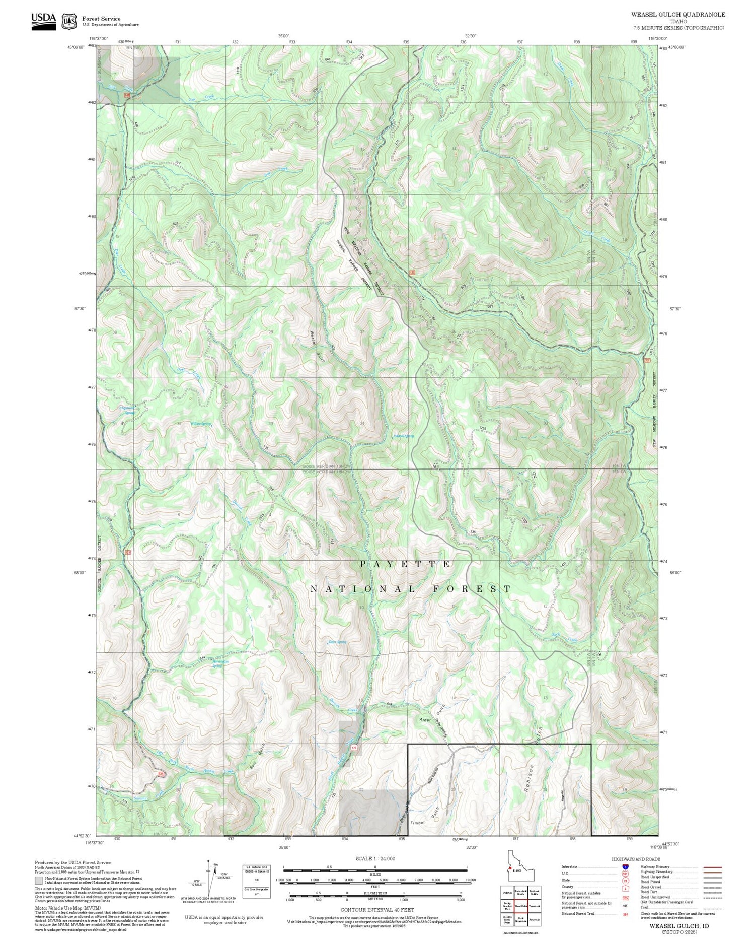 2025 Forest Service Topo Map of Weasel Gulch Idaho