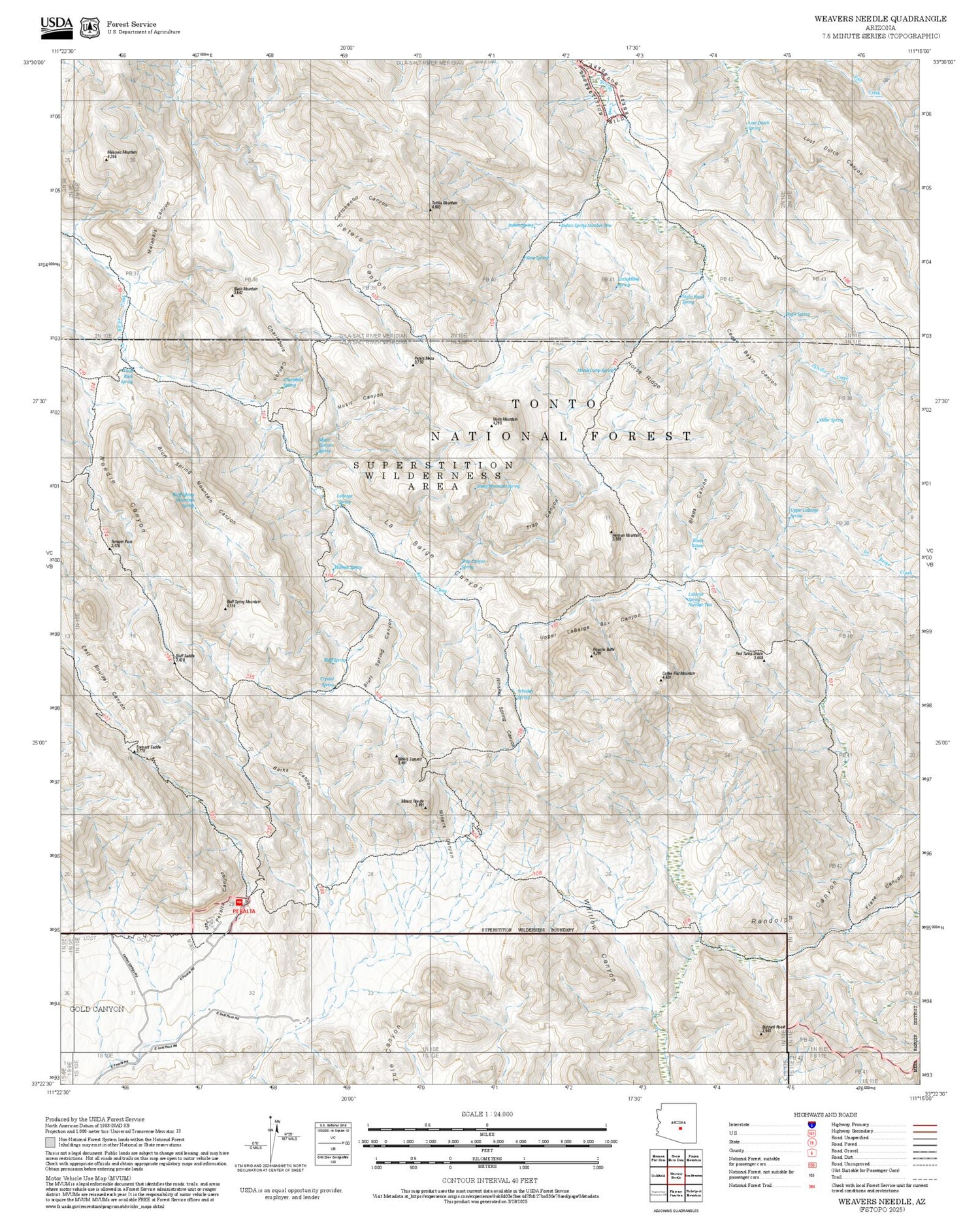 2025 Forest Service Topo Map of Weavers Needle Arizona