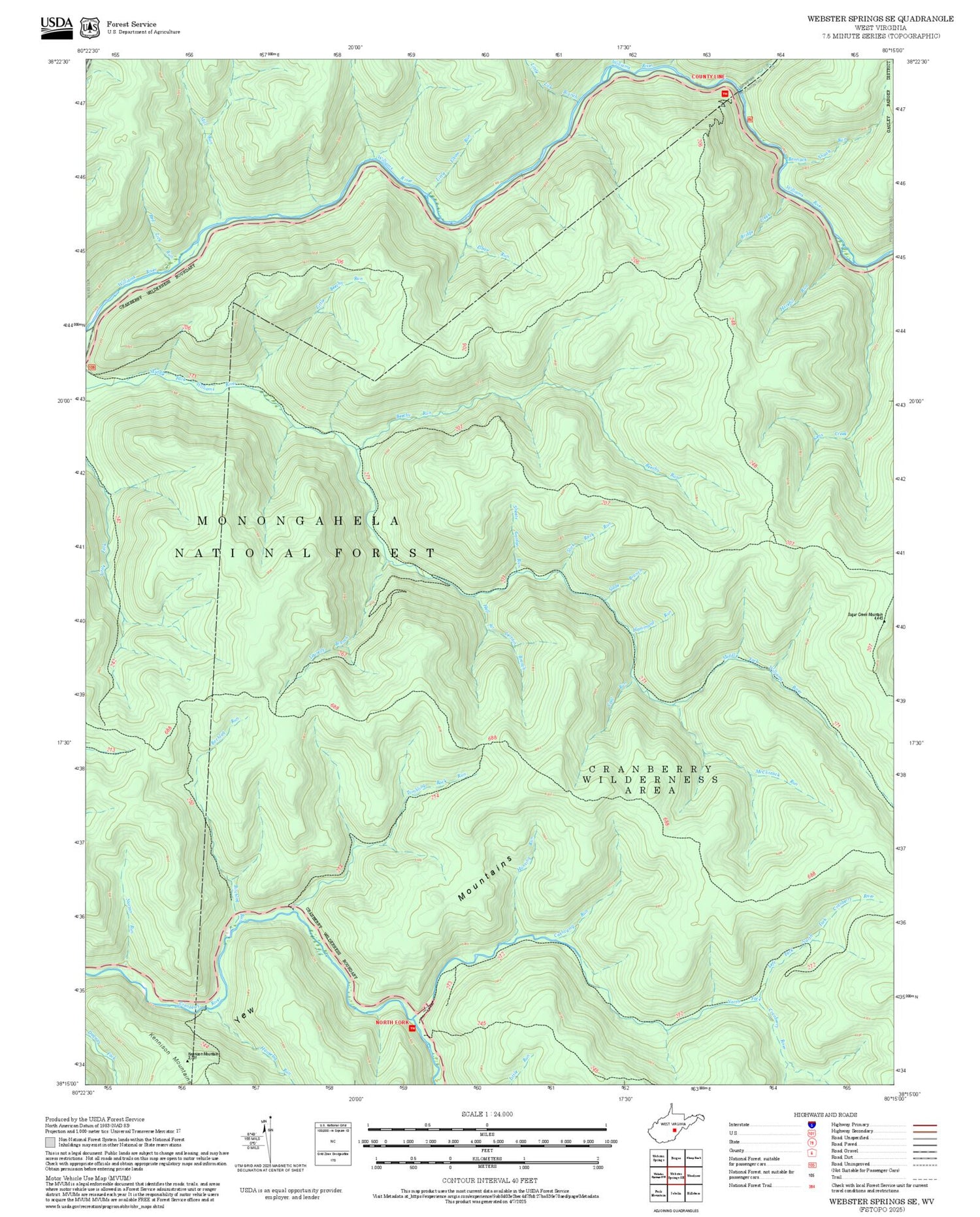 2025 Forest Service Topo Map of Webster Springs SE West Virginia