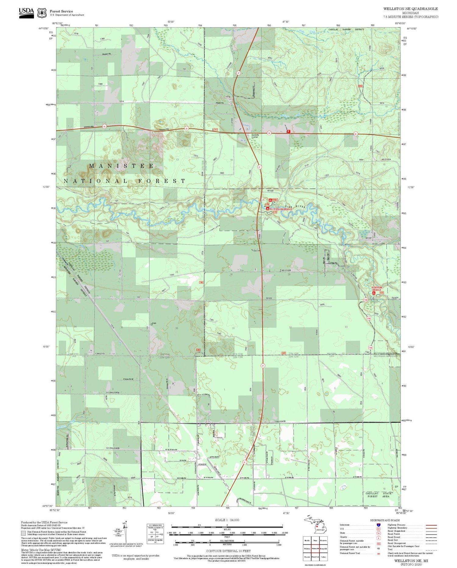 2025 Forest Service Topo Map of Wellston NE Michigan