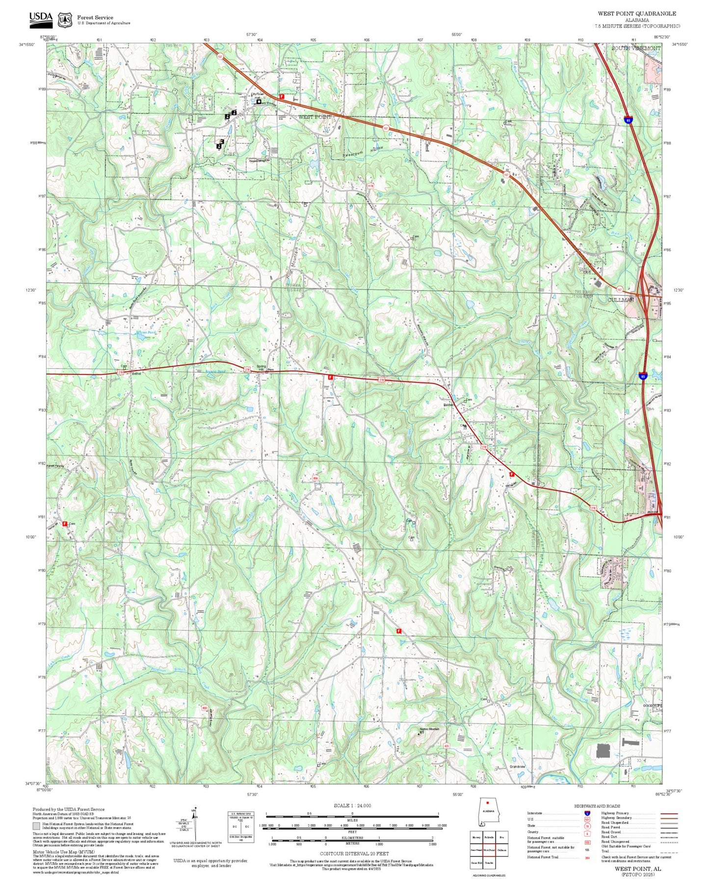 2025 Forest Service Topo Map of West Point Alabama