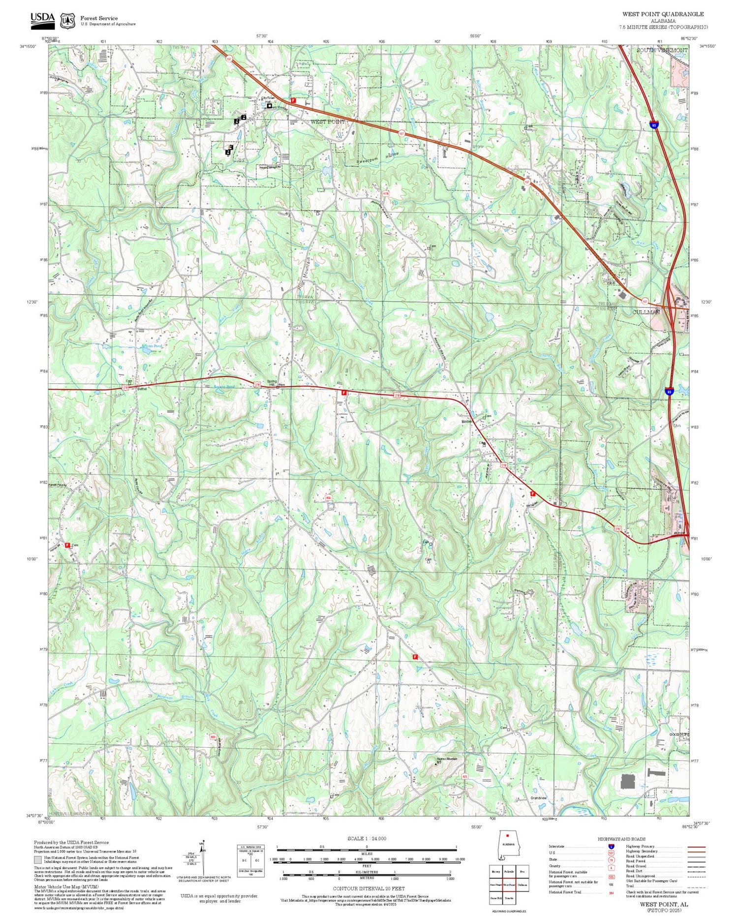 2025 Forest Service Topo Map of West Point Alabama