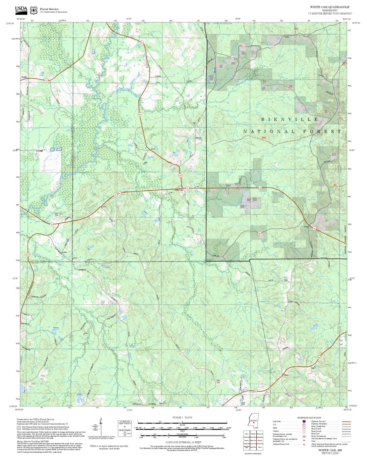 2025 Forest Service Topo Map of White Oak Mississippi