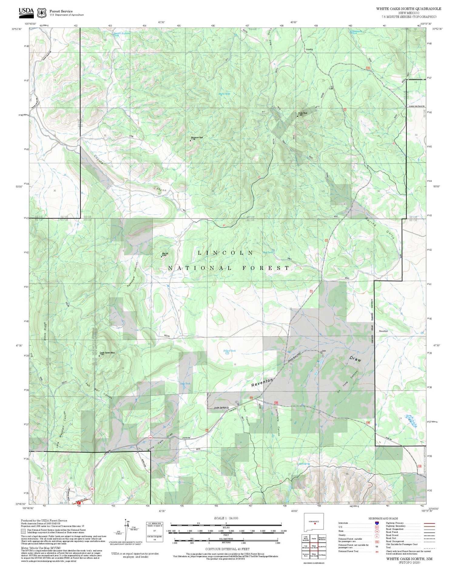 2025 Forest Service Topo Map of White Oaks North New Mexico