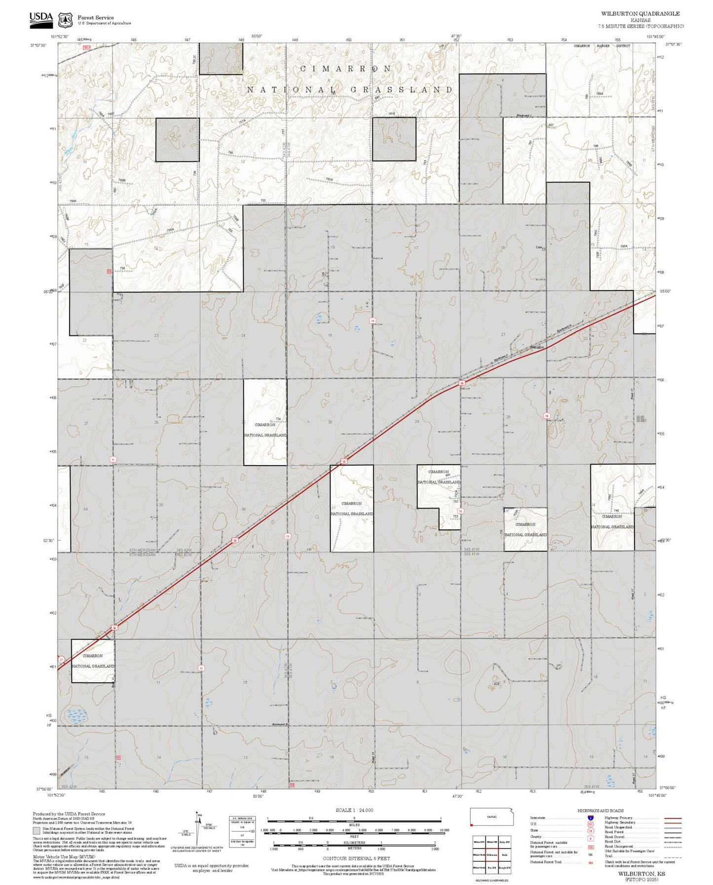 2025 Forest Service Topo Map of Wilburton Kansas