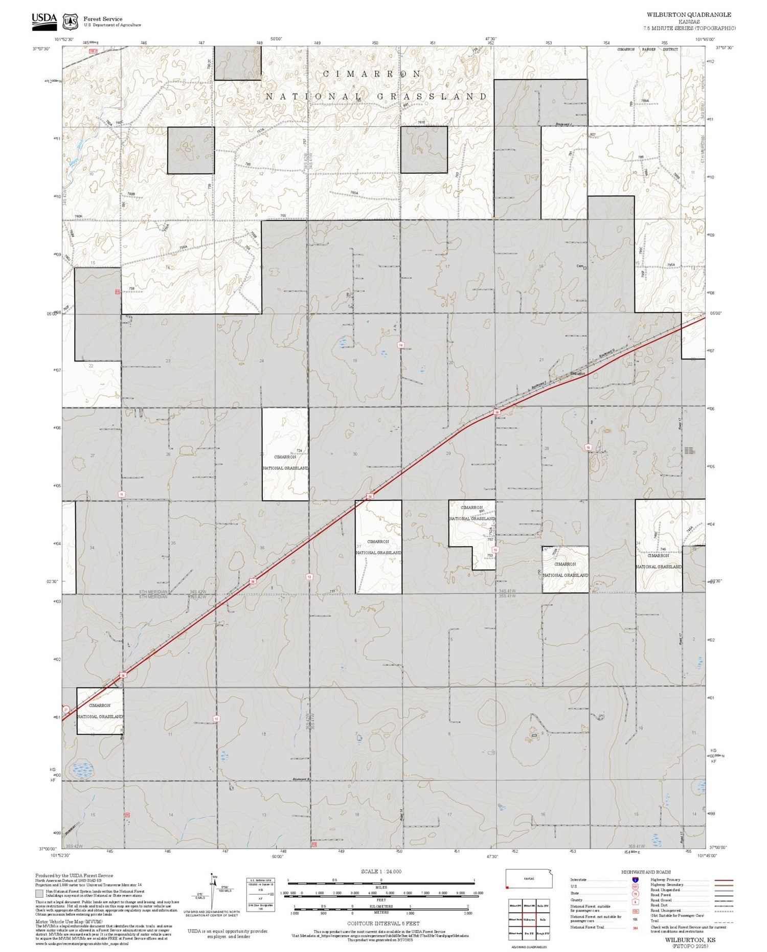 2025 Forest Service Topo Map of Wilburton Kansas