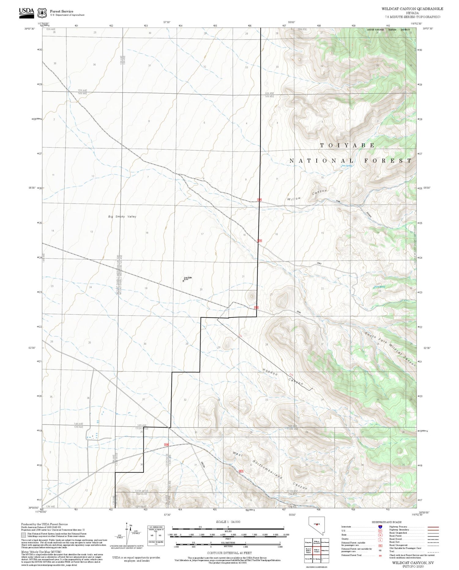 2025 Forest Service Topo Map of Wildcat Canyon Nevada