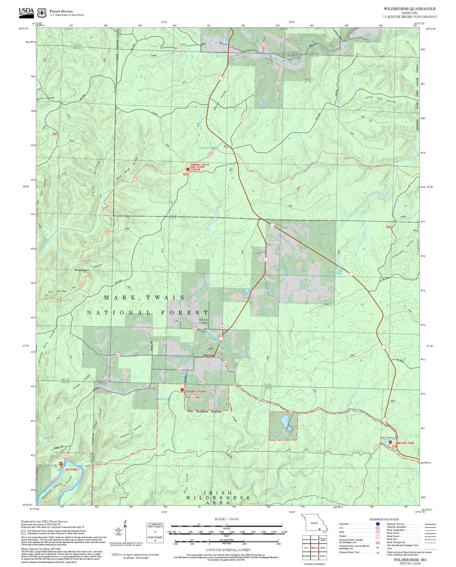 2025 Forest Service Topo Map of Wilderness Missouri