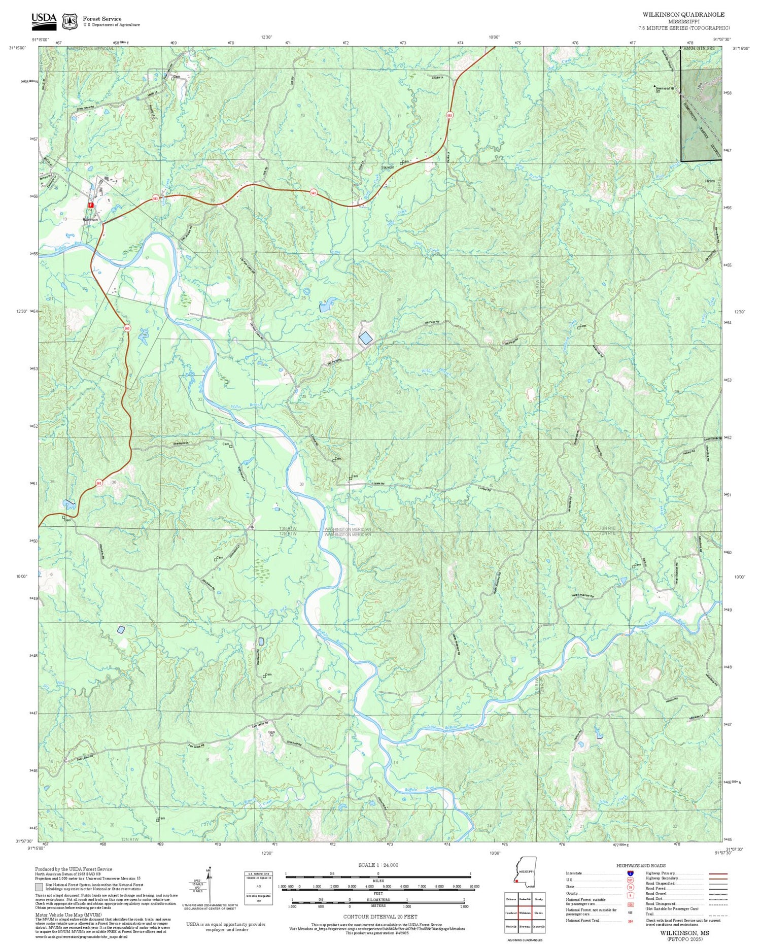2025 Forest Service Topo Map of Wilkinson Mississippi
