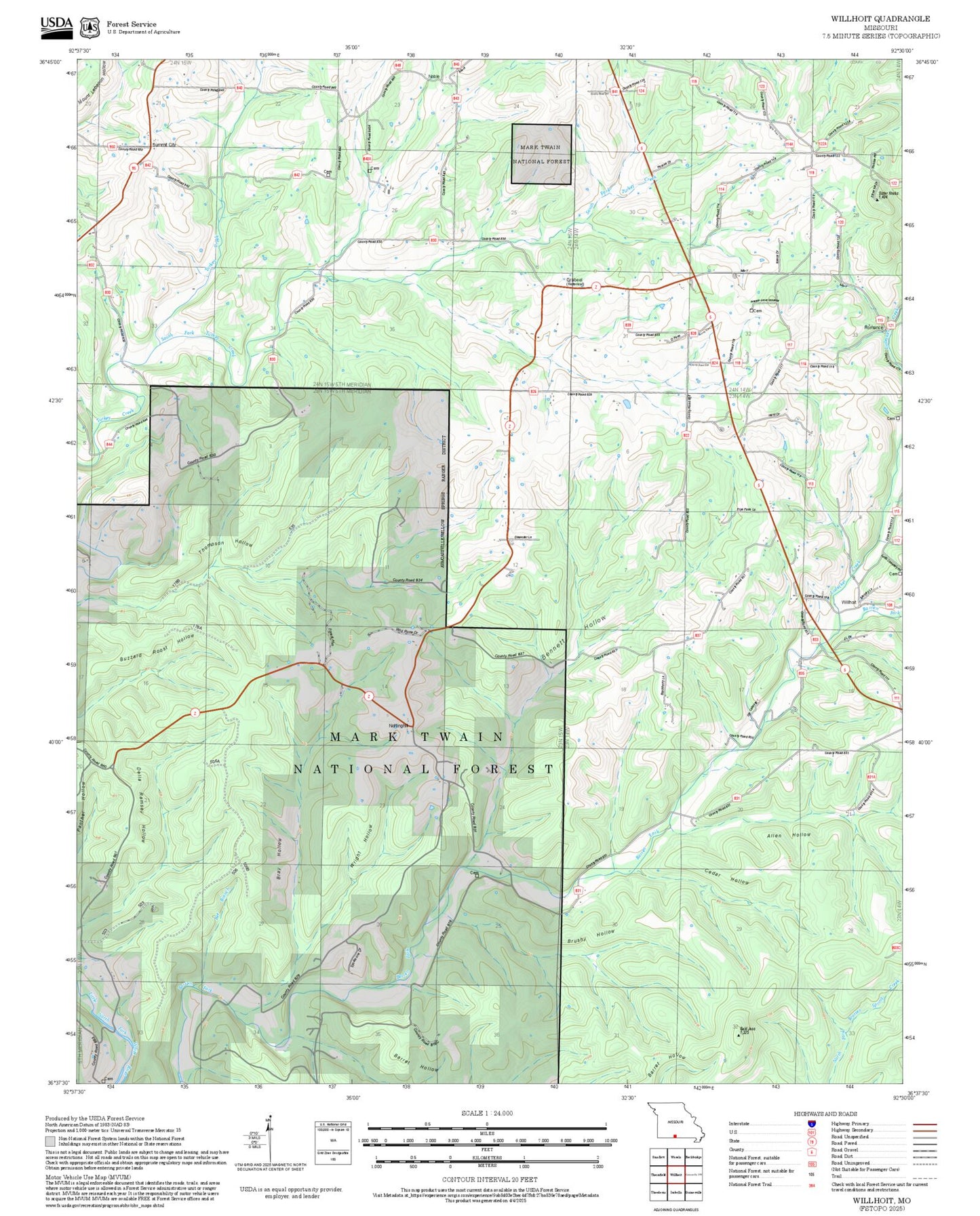 2025 Forest Service Topo Map of Willhoit Missouri